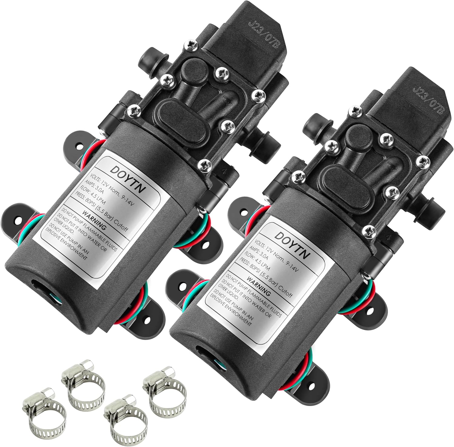 12V Diaphragm Water Pump &ndash; 1.2 GPM 80 PSI Self Priming Sprayer Pump with Pressure Switch, Hose Clamps &ndash; for RV, Camper, Marine, Boat, Garden, Car Wash Set of 2 image number 4