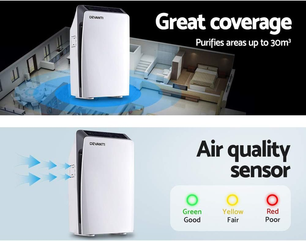 Devanti Air Purifier, 4 Layer Home Purifiers Hepa Filter Bedroom Freshener Cleaner Carbon Replacement Filters Smoke Remover Office Kitchen Room Smart Equipment, with Remote Control 180M&sup3;/H White image number 6