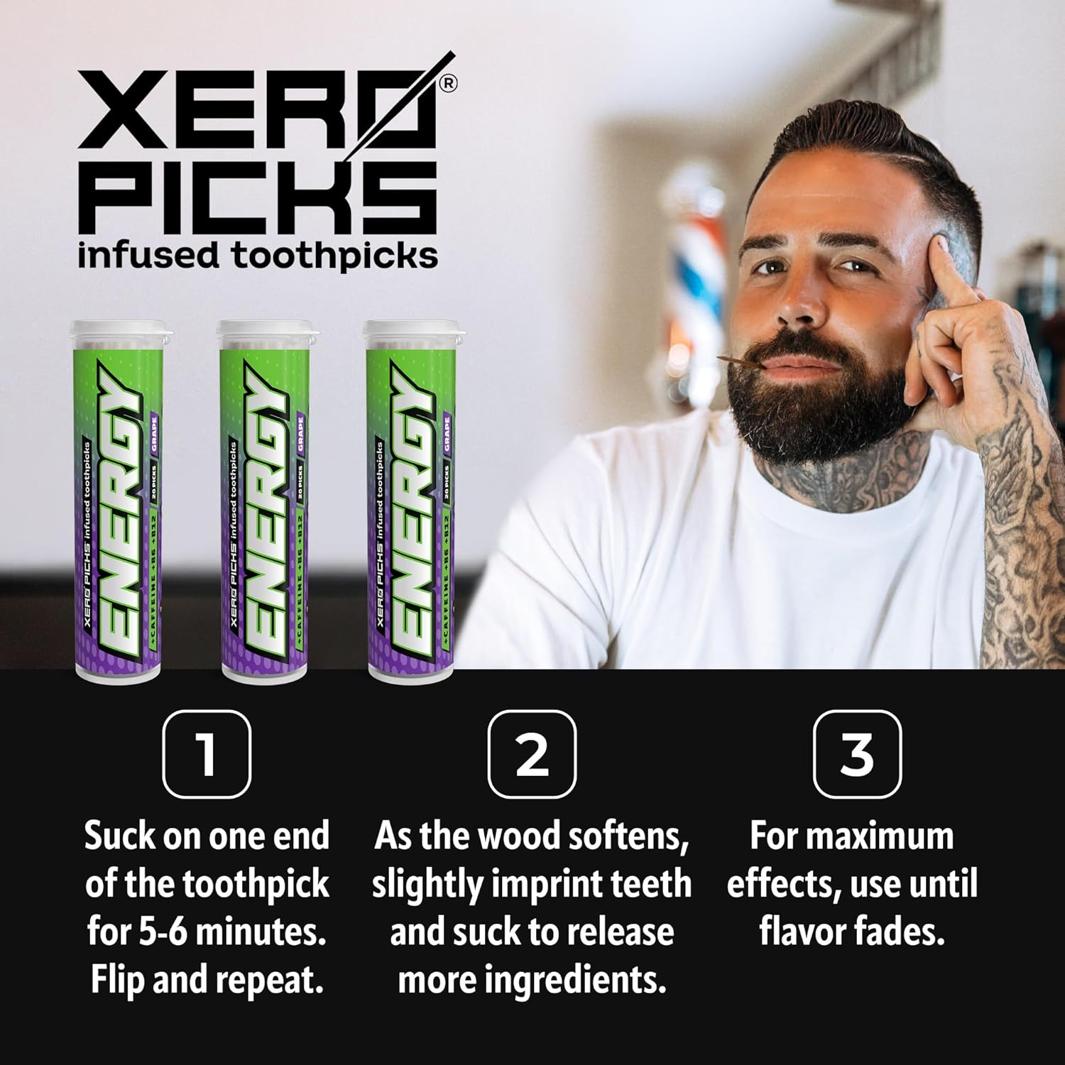 Xero Picks Energy Infused Flavored Toothpicks with Caffeine, B12 and B6-60 Picks (3 Pack) (Grape) image number 1