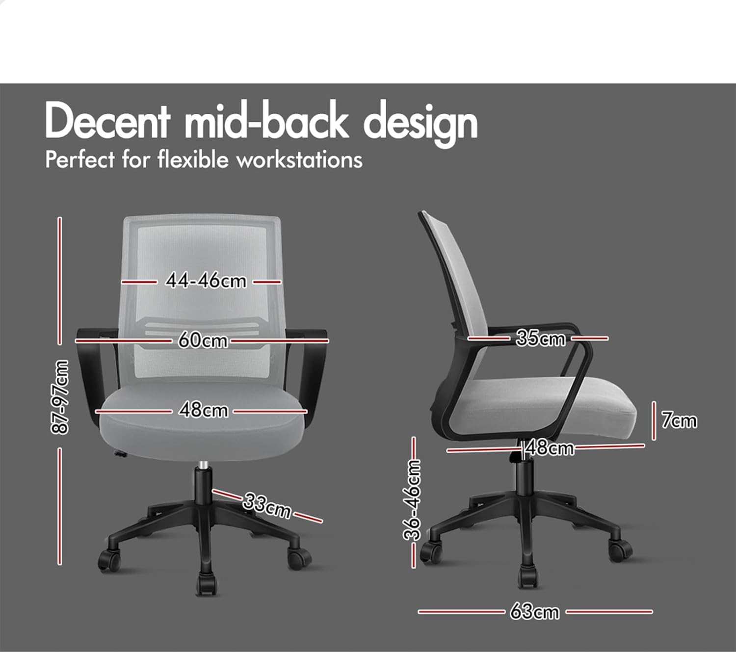 ALFORDSON Mesh Office Chair with Sgs-Approved Gas-Lift, Mid Back Executive Computer Desk Chair, Fabric Seat Gaming Racing Chair, Max 180Kg Loading(Fina Black Grey) image number 6