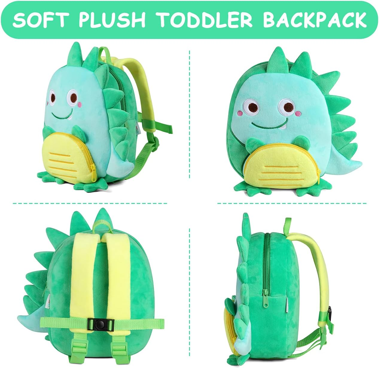 Toddler Backpack,Vaschy Girls and Boys Cute Plush Animal Small Daycare Backpack for Little Kids - Smiling Dinosaur image number 5