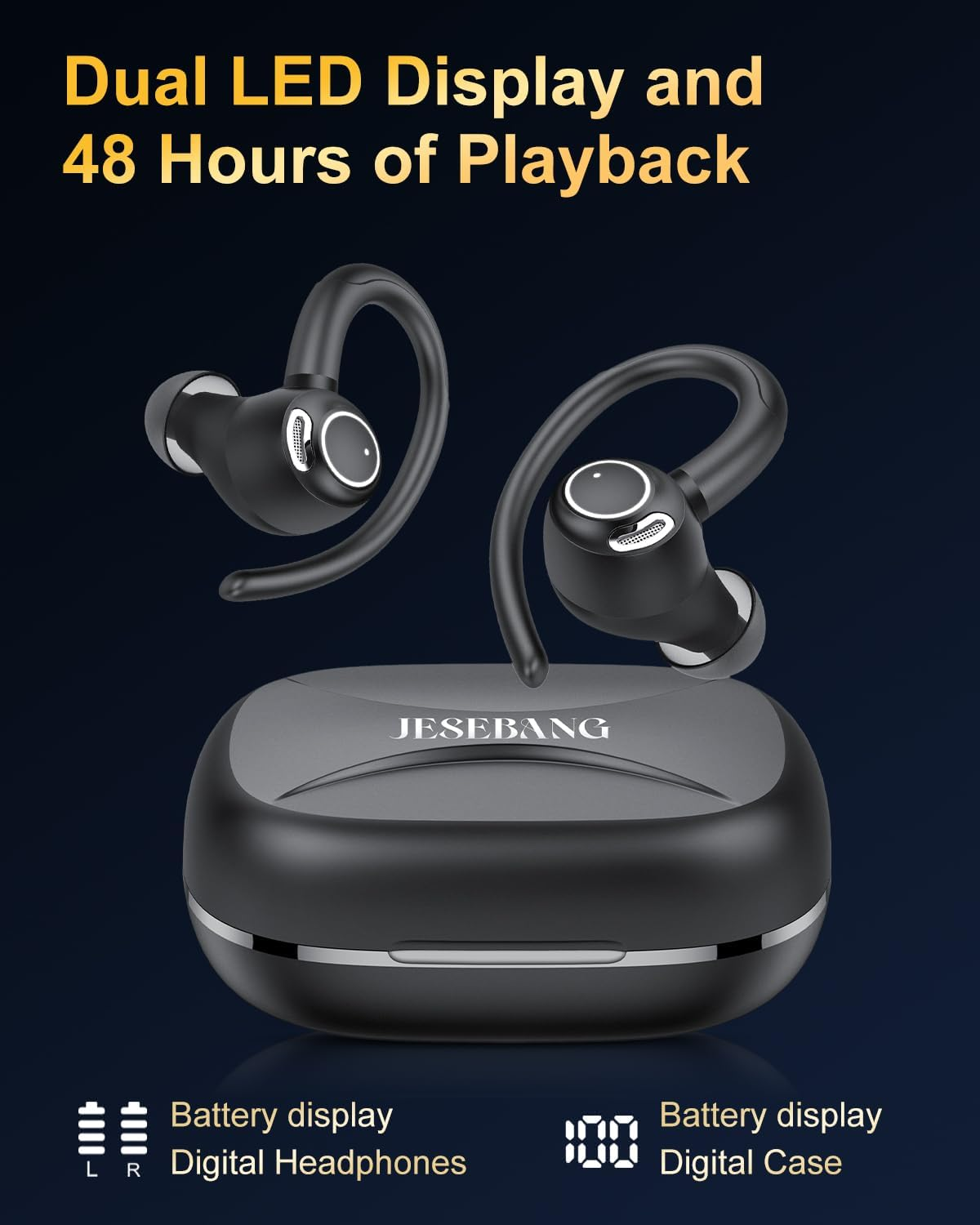 Bluetooth Sports Headphones, In-Ear Headphones, Wireless Bluetooth 5.3 with HD Mic, Outstanding Sound, 40 Hours Playtime, Comfort Fit, Dual LED Display, IP7 Waterproof Earphones with Ear Hooks, Black image number 3