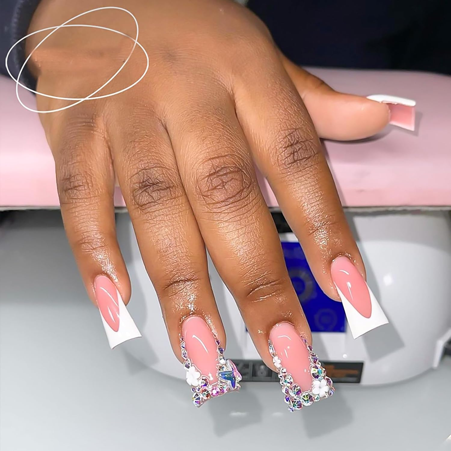 RUOKEXIN White Long French Tip Coffin False Nails Shiny Pink Glue Natural Artificial for Women image number 3