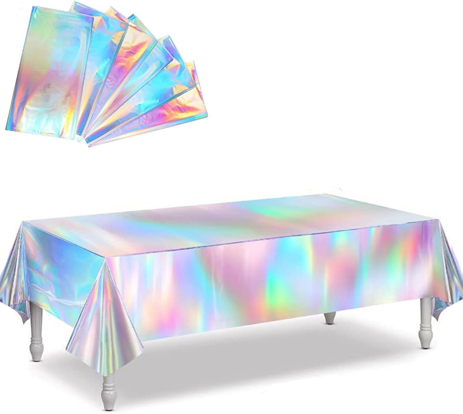 5 Pack Iridescence Plastic Tablecloths Holographic Foil Rectangle Table Covers Birthday Bachelorette Bridal Wedding Iridescent Party Decorations 54" X 108" (5, Multicolor, Large)