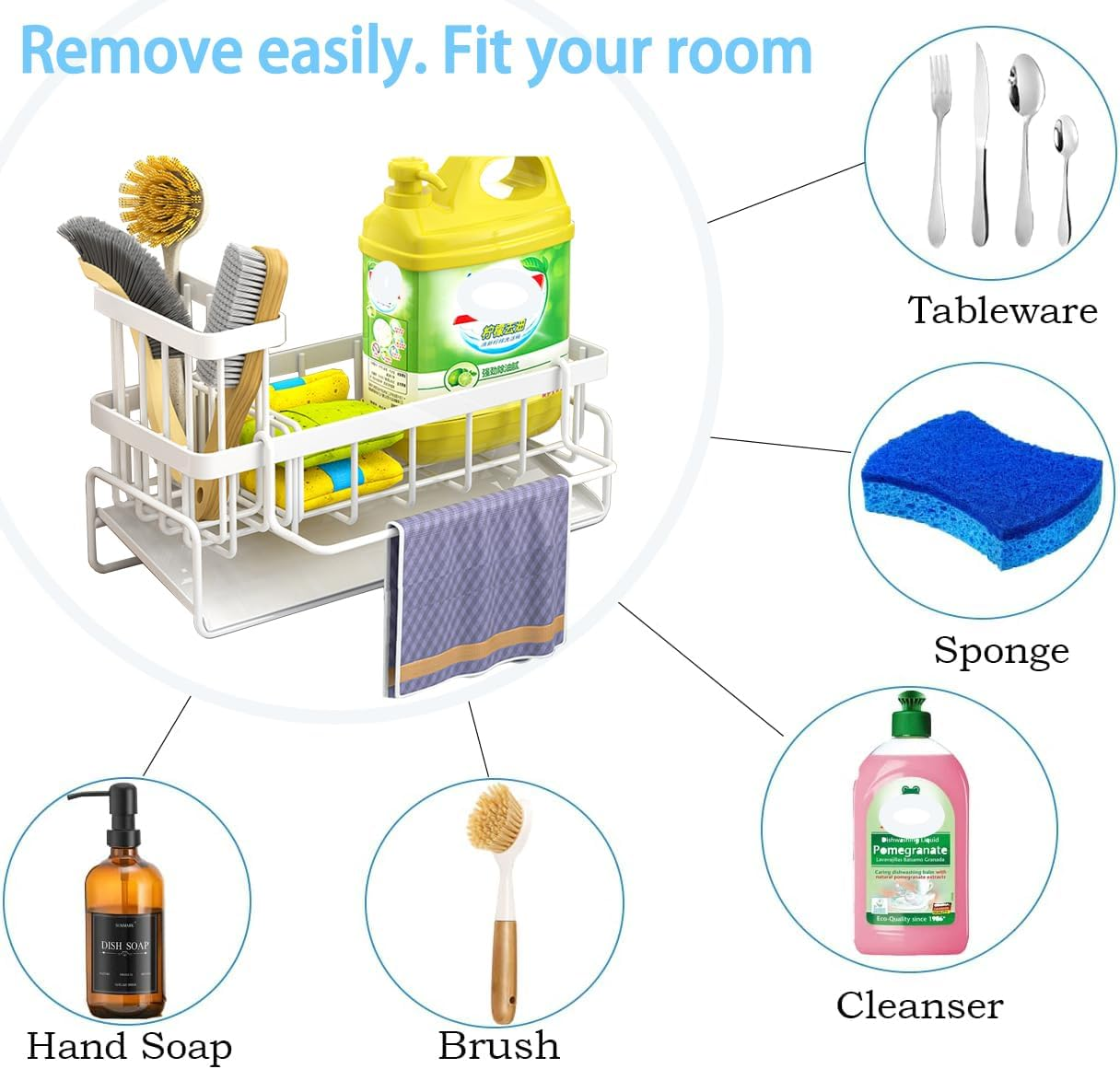 Sink Caddy Organizer with Self Draining Tray, Sponge Holder, Brush Holder, Dish Soap Dispenser Storage, Kitchen Counter Organizer (White) image number 2