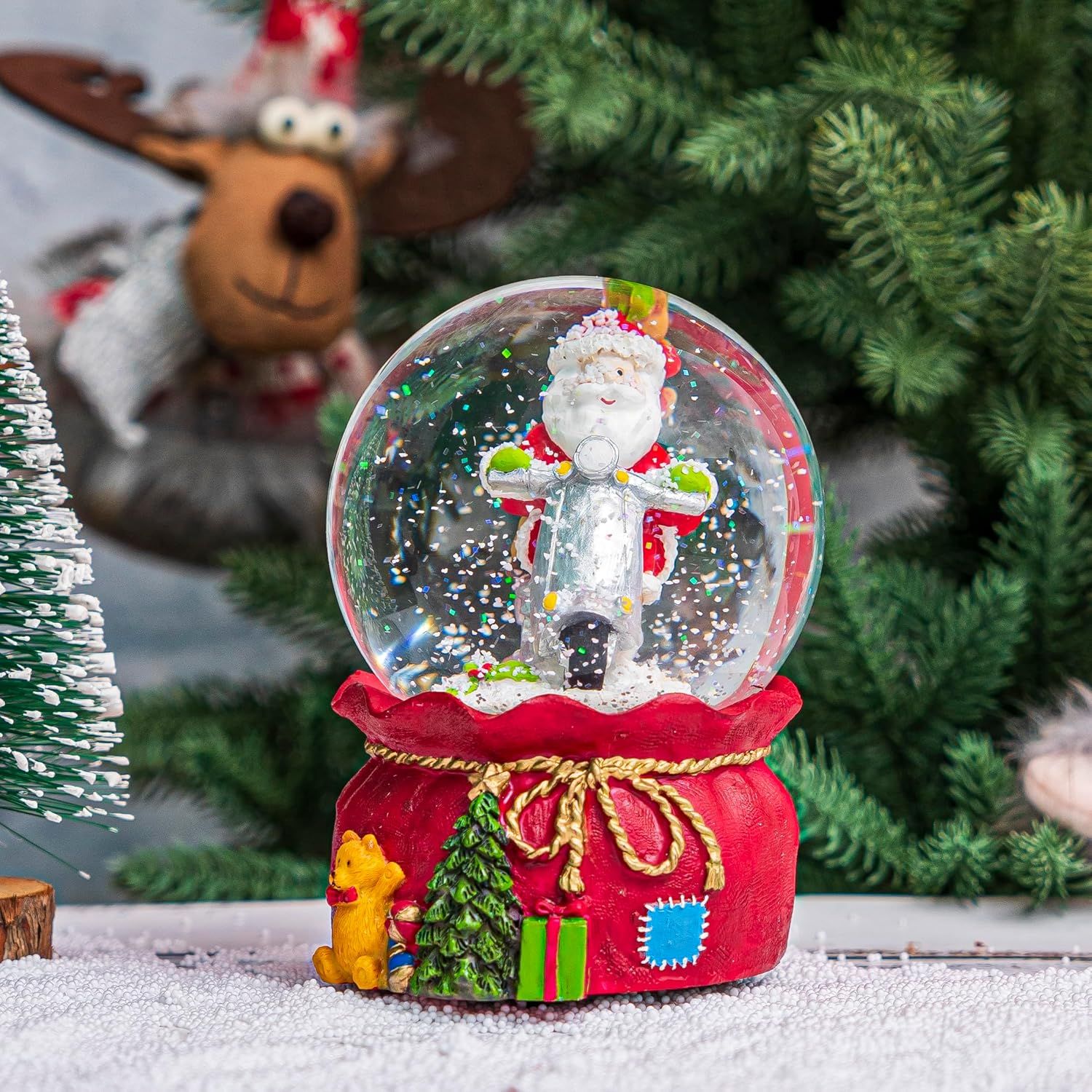 Snow Globes Glitter Water Globe Decoration Musical Snow Globes Decor Plays We Wish You a Merry Christmas, 100Mm, Santa Riding a Motorcycle image number 2