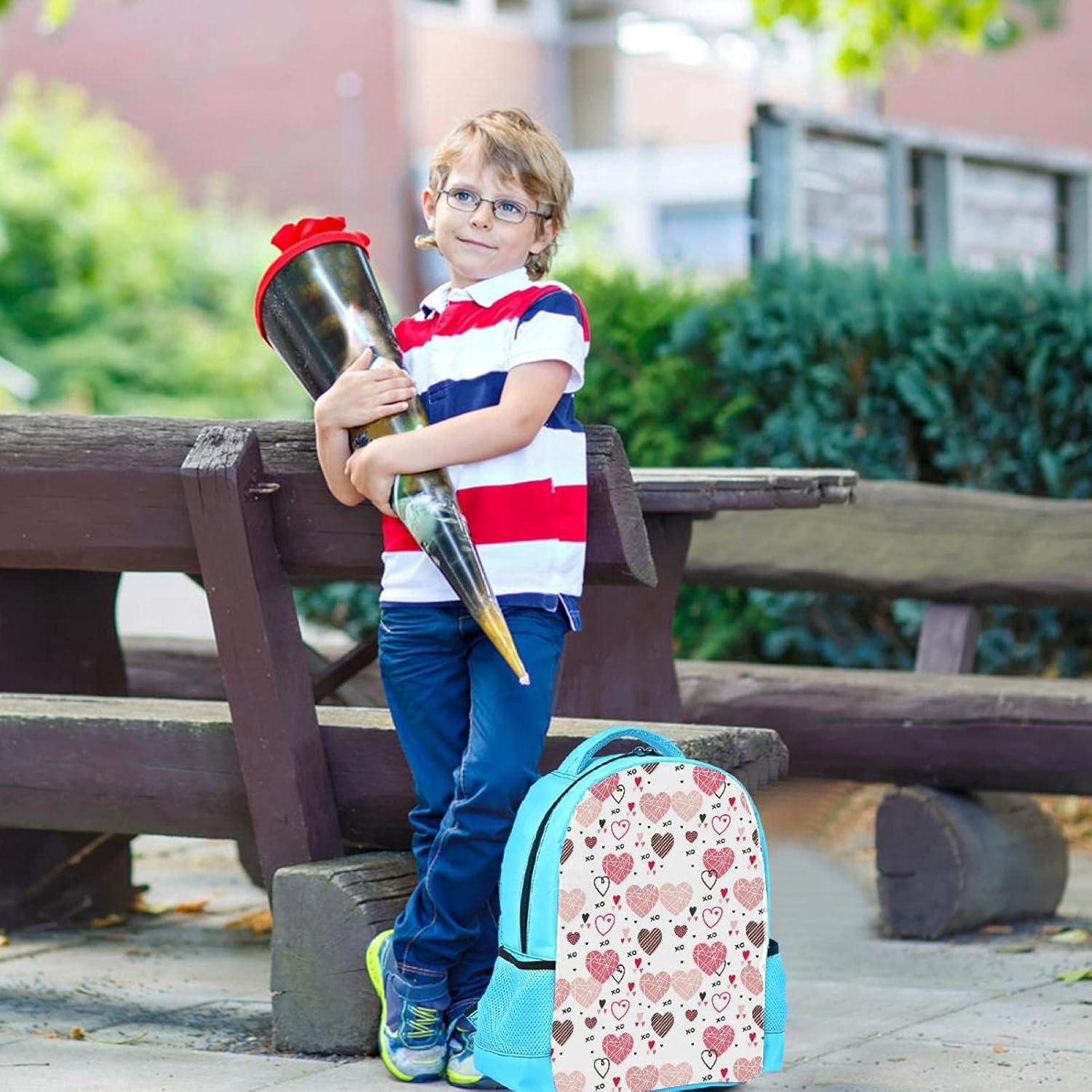Blue Backpack Boy Bookbags Rucksack Men Travel Handbag Daypack Valentine Love Hearts Pink Pattern image number 4