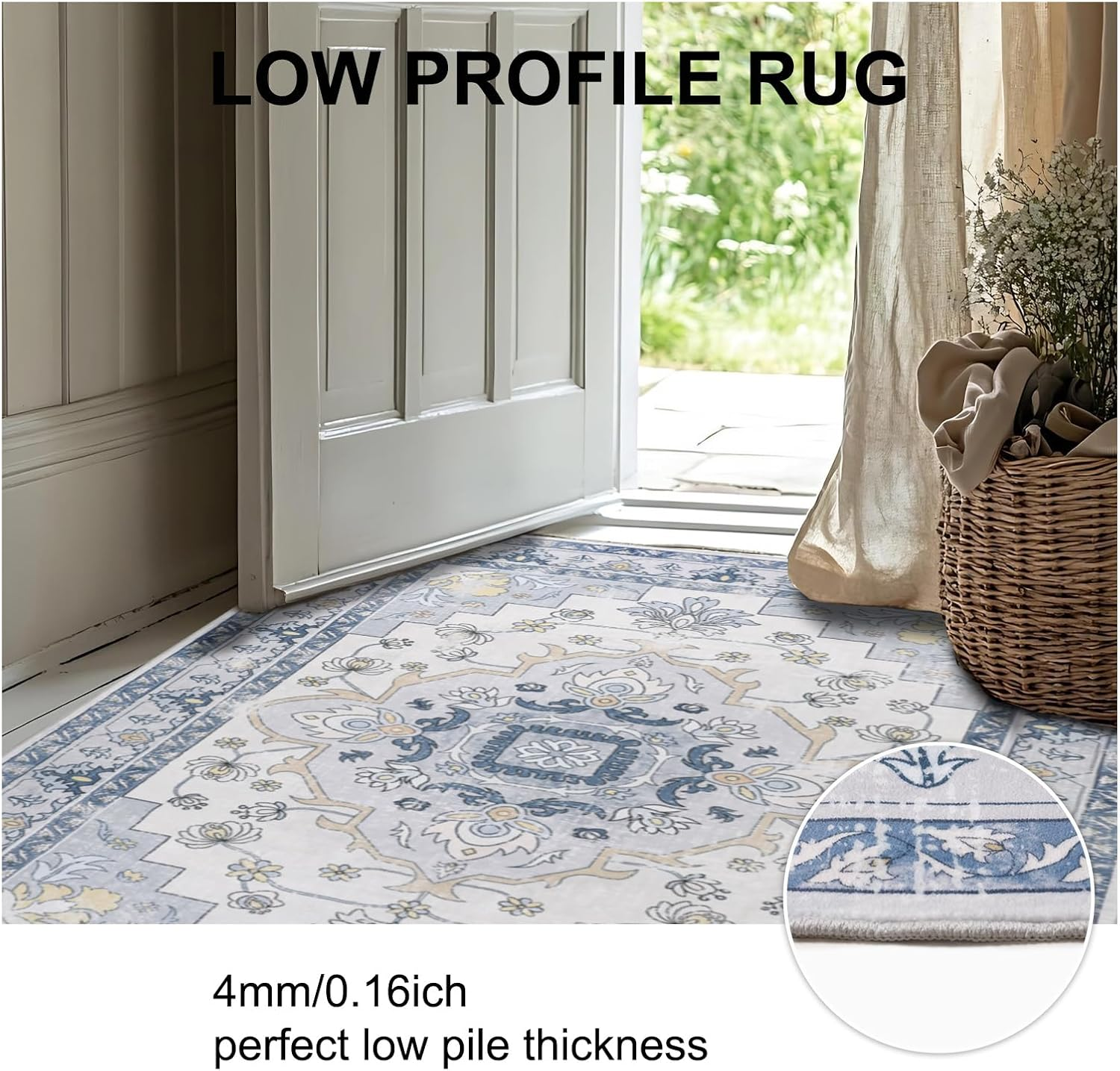 MOSISO 4X6 Area Rug for Living Room, Washable, Non Slip Vintage National, Low Pile Carpet, Faux Wool Rectangular Area Rug Carpet for Living Bedroom Dining Room, Home, Blue - Blue image number 6