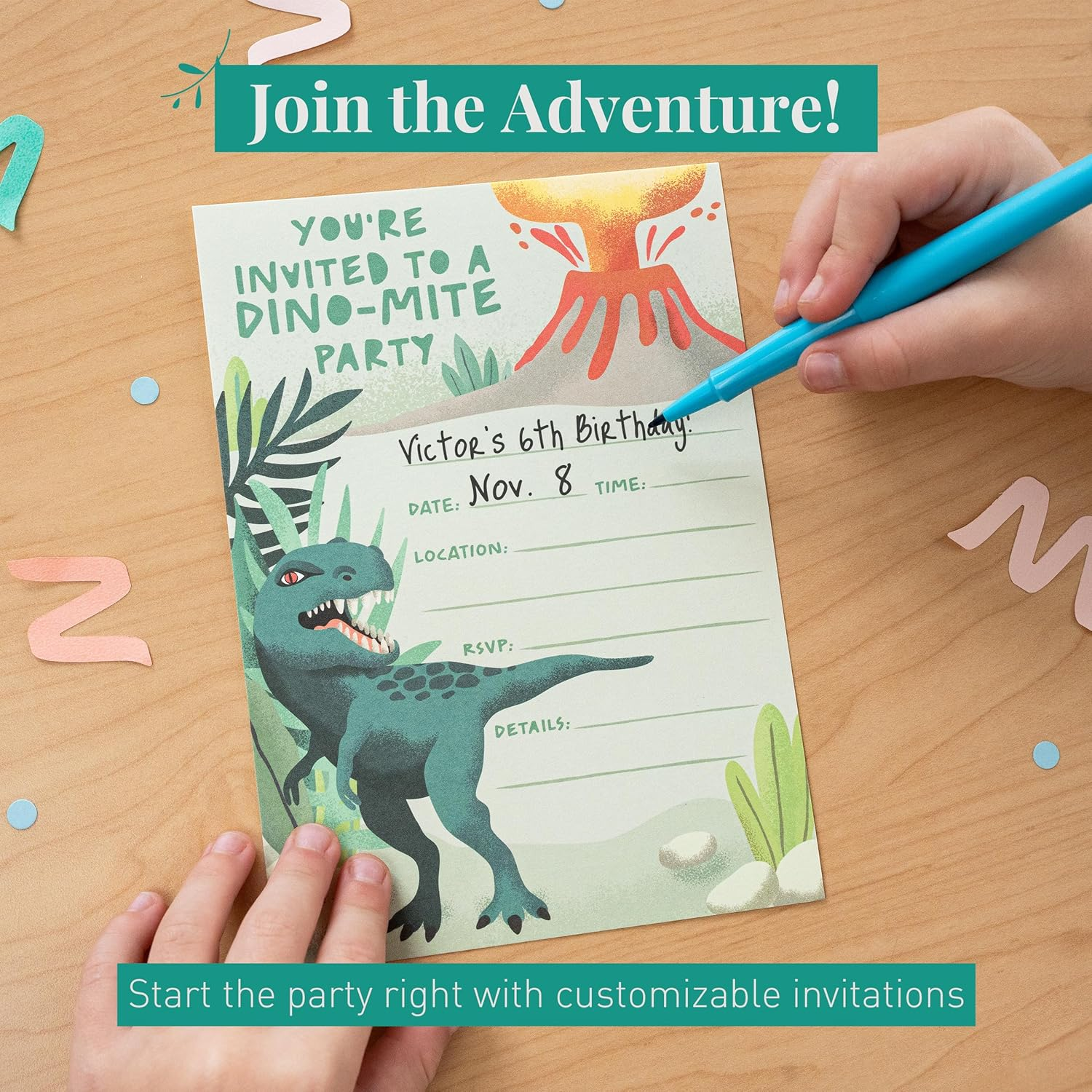 Rileys & Co. 50-Pack Dinosaur Party Invitations for Kids &ndash; 5 X 7 Inches &ndash; Premium Quality Cards with Matching Envelopes & Stickers &ndash; the Ultimate Prehistoric Invite for Roaring Celebrations image number 6