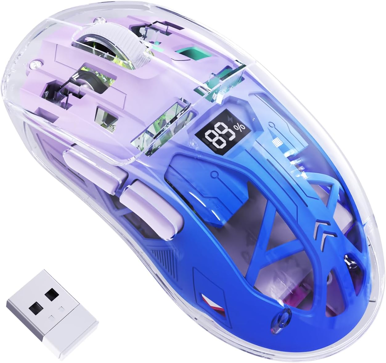 A2 Wireless Gaming Mouse, Dual Mode 2.4G/Bluetooth PC Gaming Mice, Ergonomic RGB Mouse with Battery Display Screen, Transparent Shell, Pixart 3212, 4000 DPI, for Win/Mac, Twilight Purple