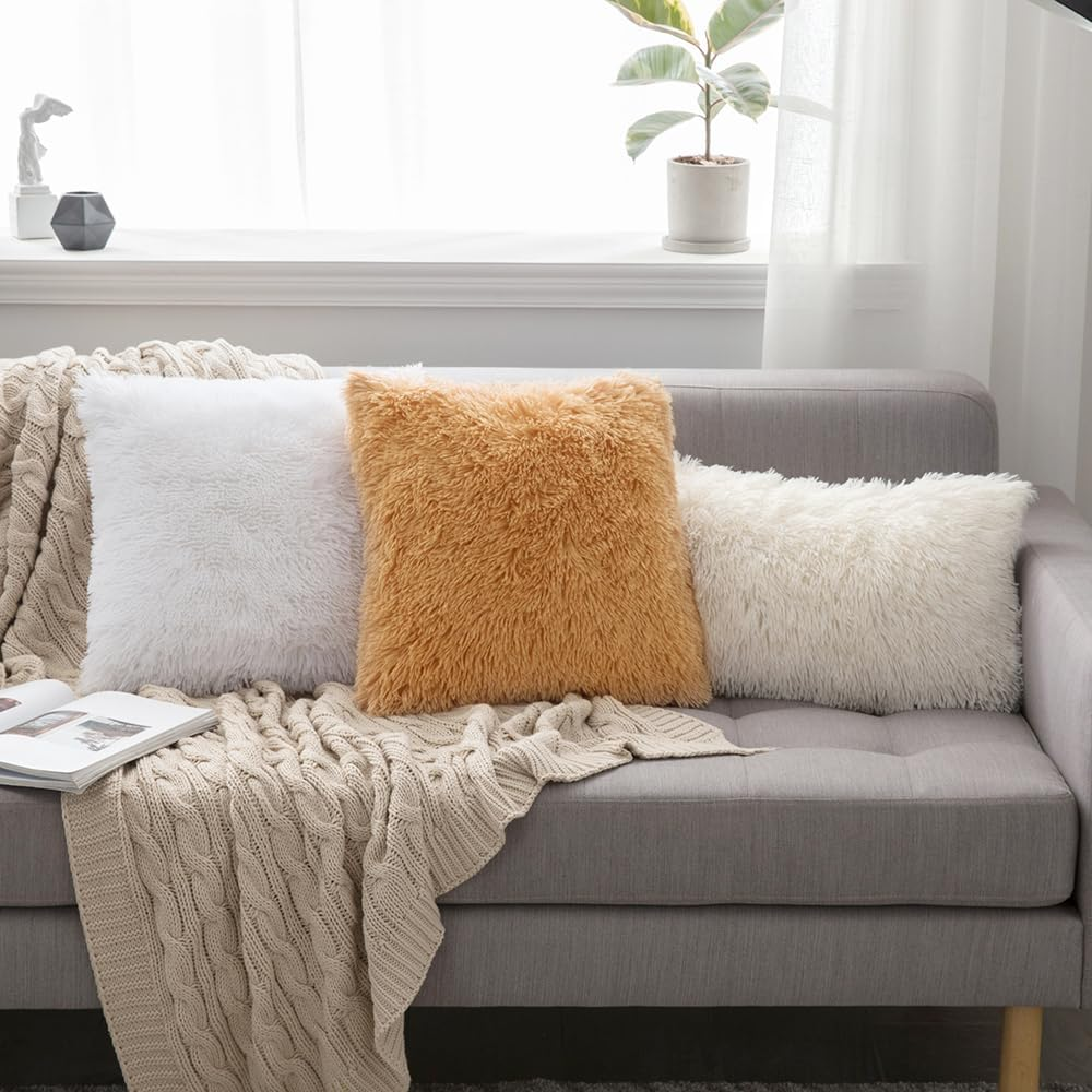MIULEE Pack of 2 Luxury Faux Fur Throw Pillow Cover Deluxe Christmas Decorative Plush Pillow Case Cushion Cover Shell for Sofa Bedroom Car 18 X 18 Inch White image number 2