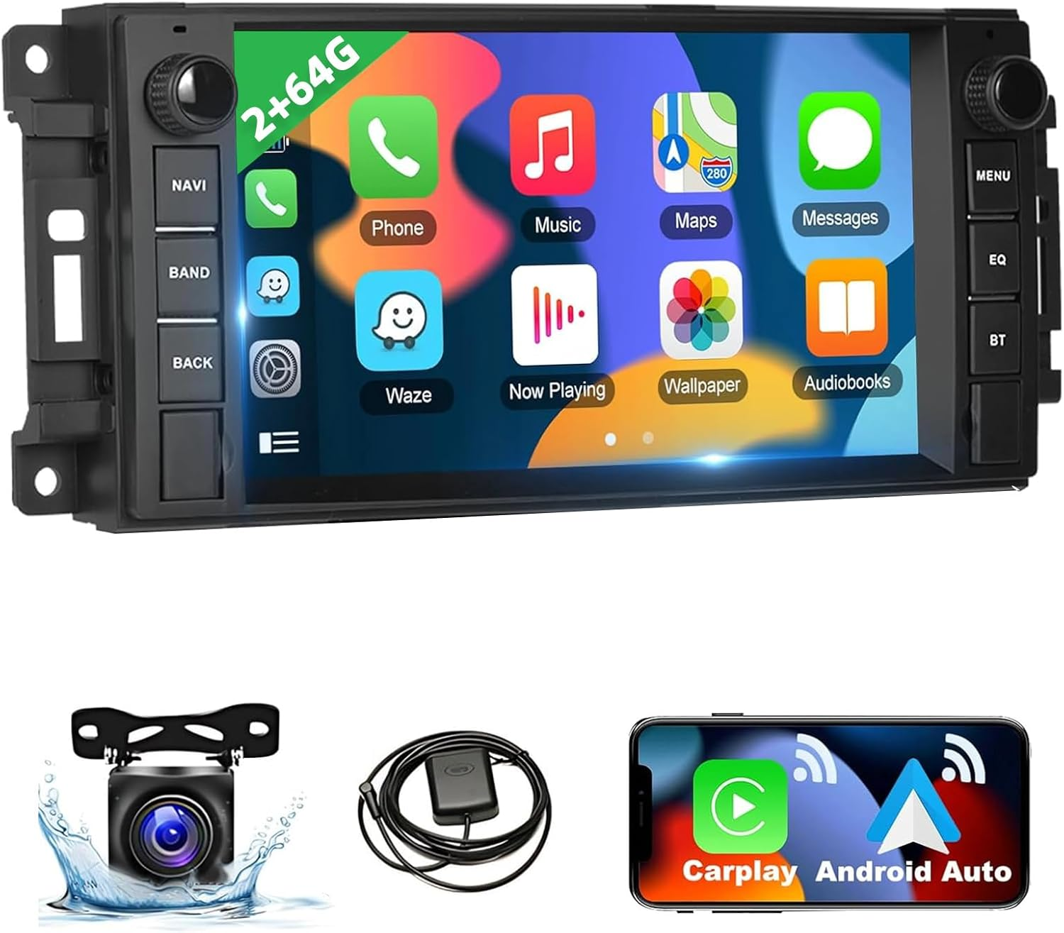 Podofo 2+64G Car Stereo for Jeep Wrangler Dodge Chevrolet RAM 1500 Android Radio with Wireless Apple Carplay, 7" Touchscreen Stereo with Wifi, GPS, RDS/FM Radio, Bluetooth + Backup Camera & Mic image number 4