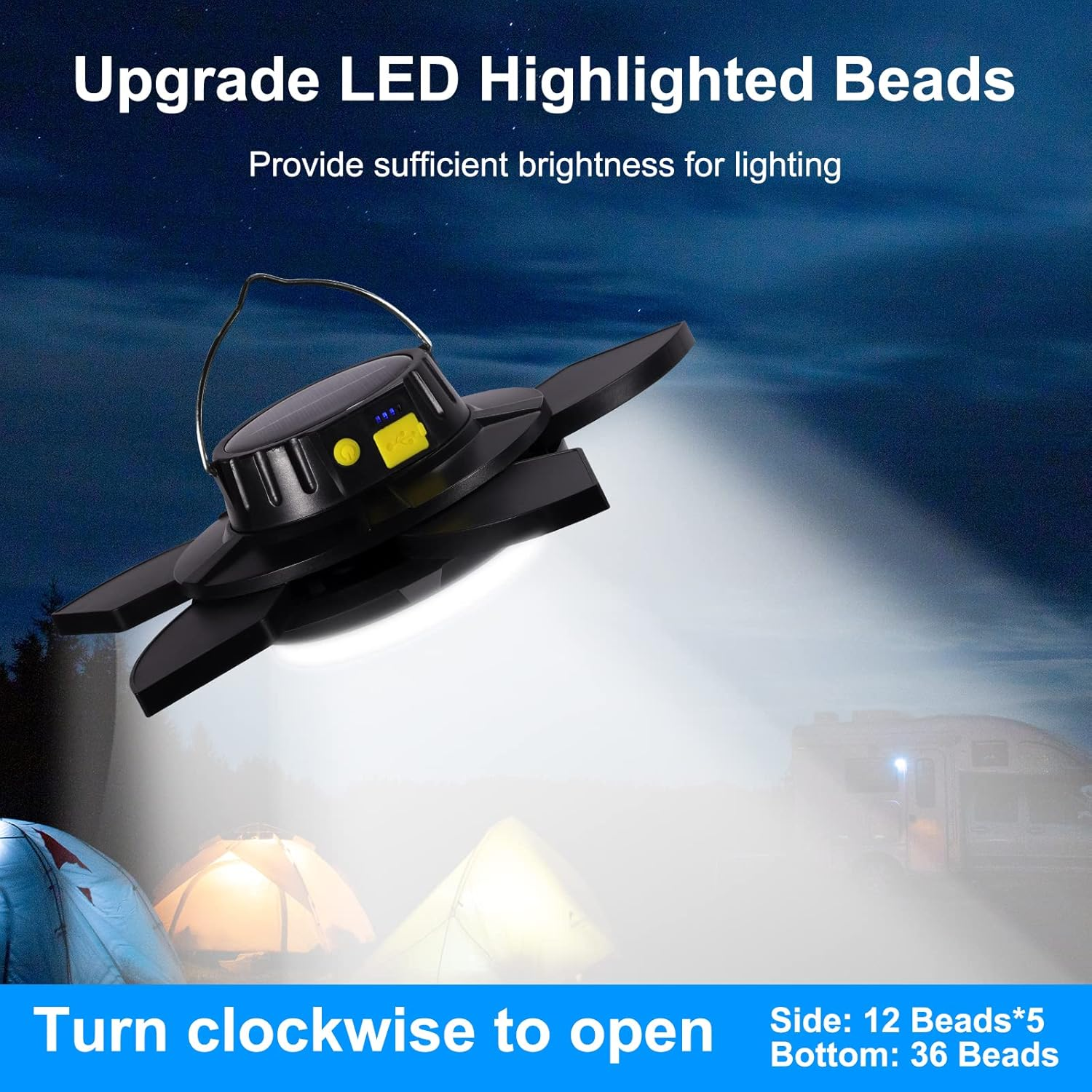 LED Camping Lantern, Dimmable Portable Outdoor Solar Emergency Light, USB Rechargeable 4000Mah Tent Light, Camping Light for Hiking, Fishing image number 3