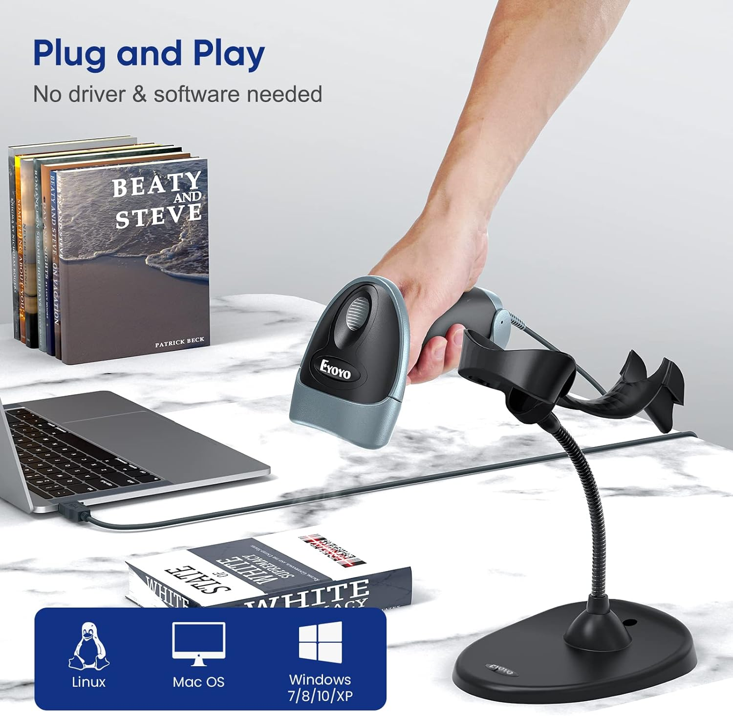 Eyoyo Handheld 2D Barcode Scanner with Gooseneck Stand, Automatic USB Wired QR Code Scanner Bar Code Reader Support Screen Scanning for PC POS System Library Store Supermarket Check-Out, Inventory&hellip; image number 4