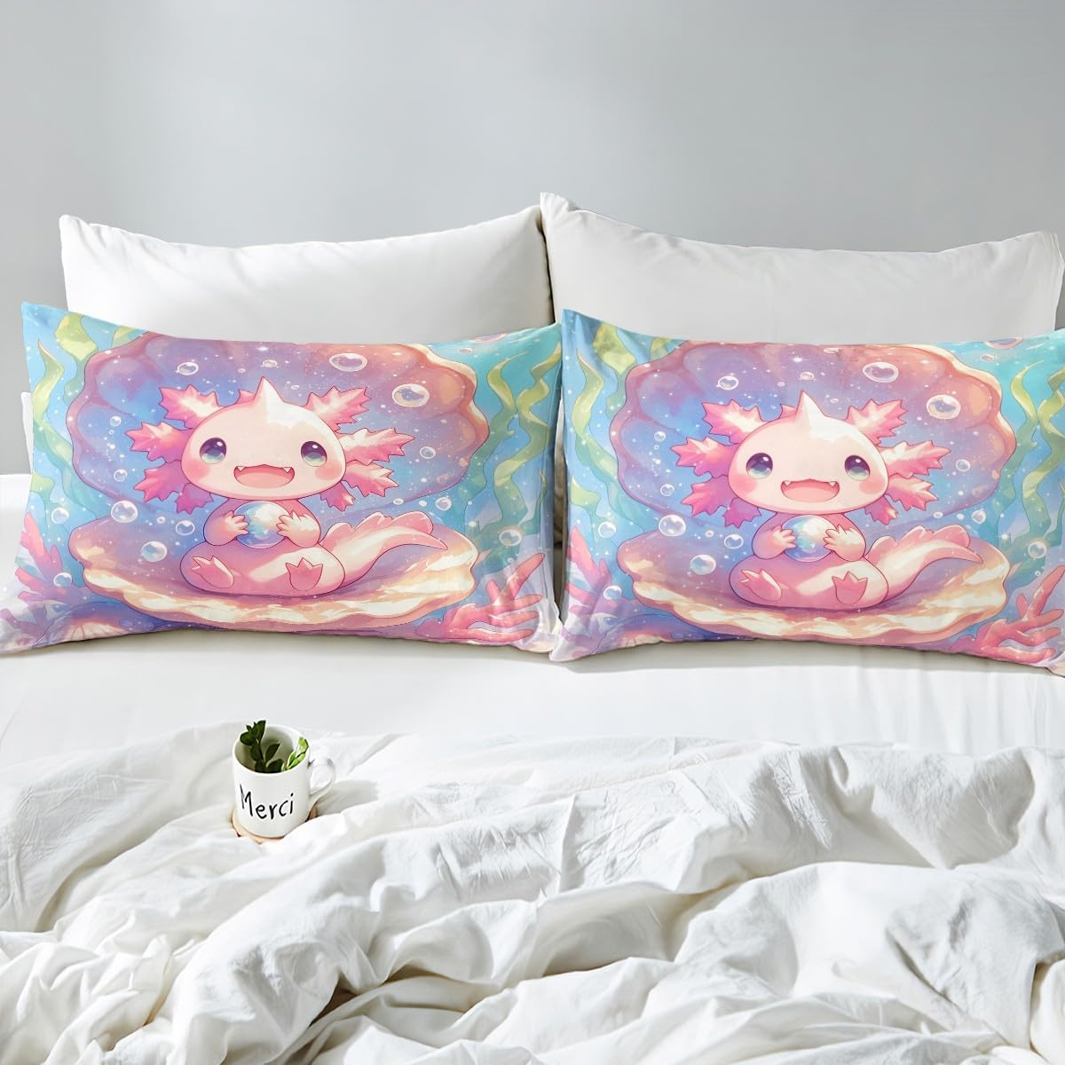 Loussiesd Cute Axolotl Bedding Set for Girls Boys Kids Single Size Cartoon Salamander Comforter Cover Set Kawaii Ocean Sealife Duvet Cover Ocean Bedspread Cover 2Pcs Pink Quilt Cover image number 3