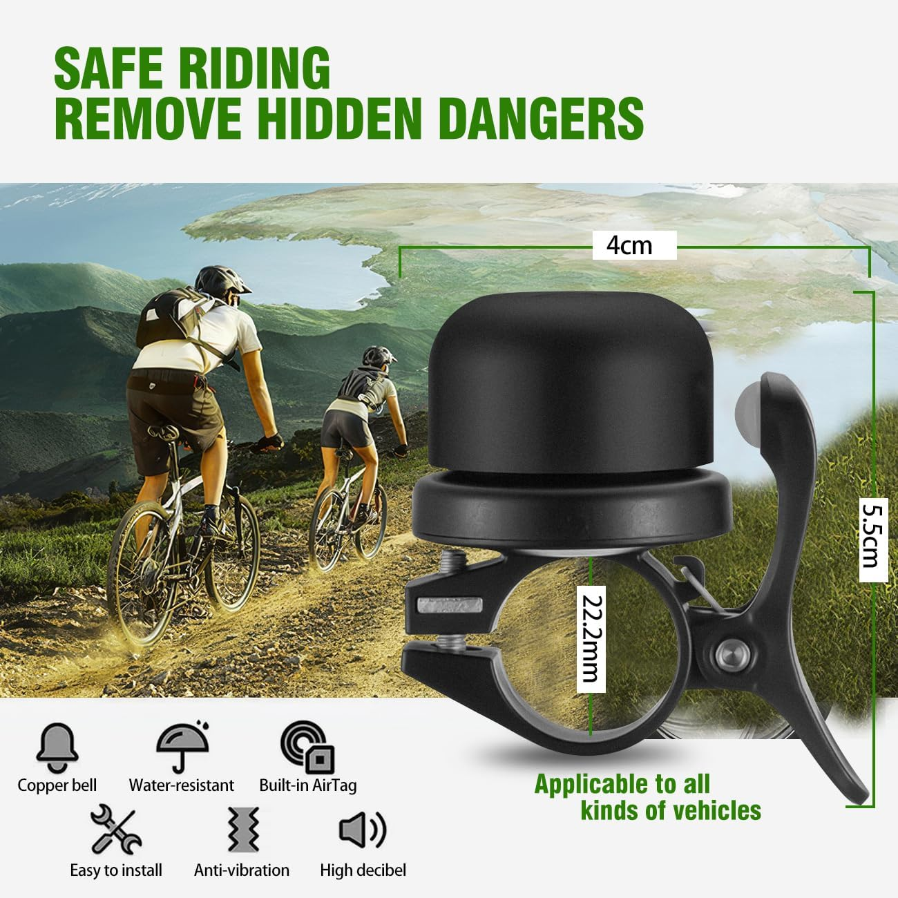 Airtag Bike Bell,Hidden Bicycle Brass Bell,Waterproof Anti-Theft Anti-Corrosion for 22.2Mm Handlebar,Bicycle Bell with Loud Sound,Cycling Equipment the Cyclists Black(Airtag Not Included) image number 6