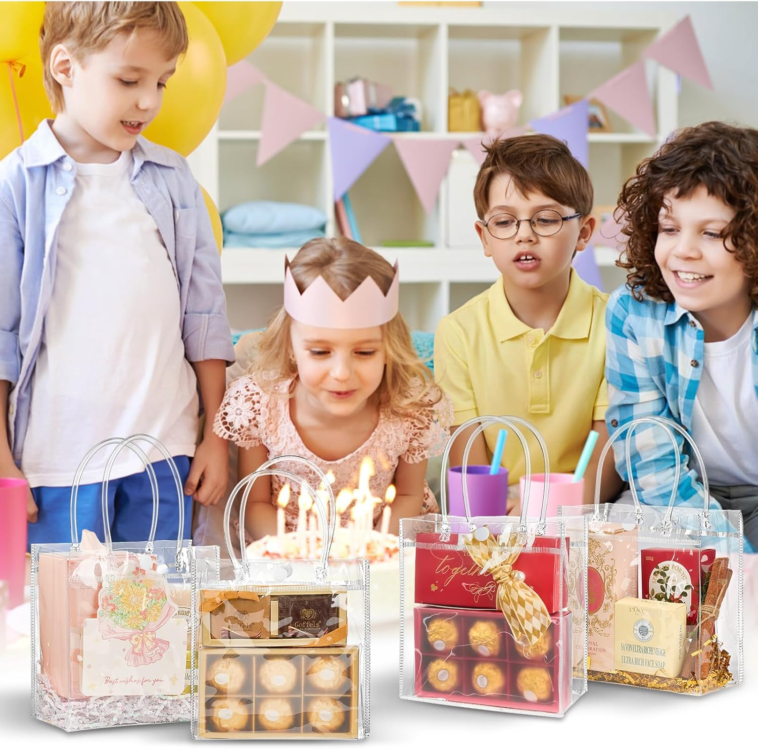 16 Pack Clear Plastic Gift Bags with Handles, 5.9" X 6.3" X 2.8" Reusable Transparent Party Favor Bags PVC Goodie Bags Bulk for Wedding, Baby Shower, Birthday image number 3