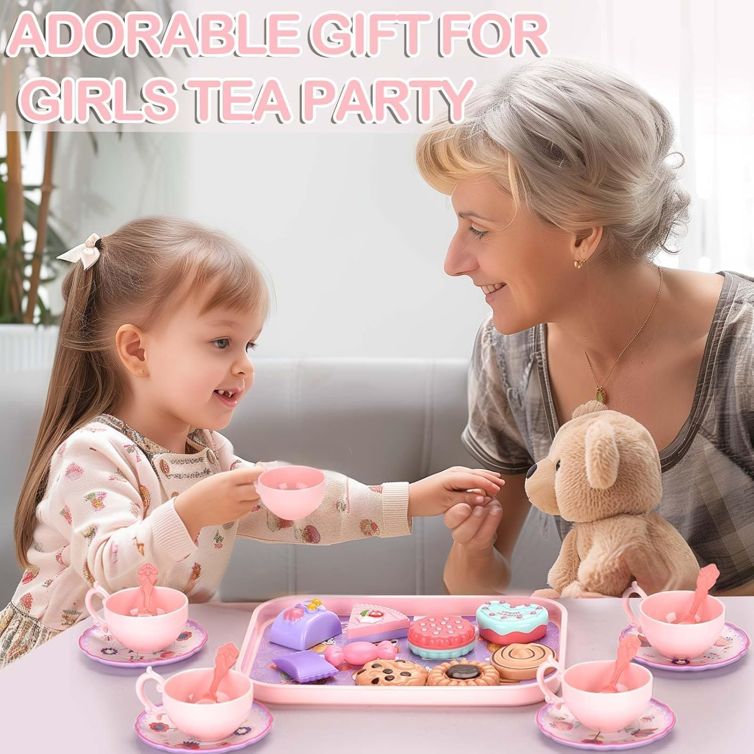 46Pcs Kids Tea Party Set for Little Girls, Princess Tea Time Toy for 3-8 Year Old Girls, Cute Princess Play Toddlers Tin Tea Set Birthday Toys Pretend Toys with Desserts, Flower Teapot, Carrying Case image number 2