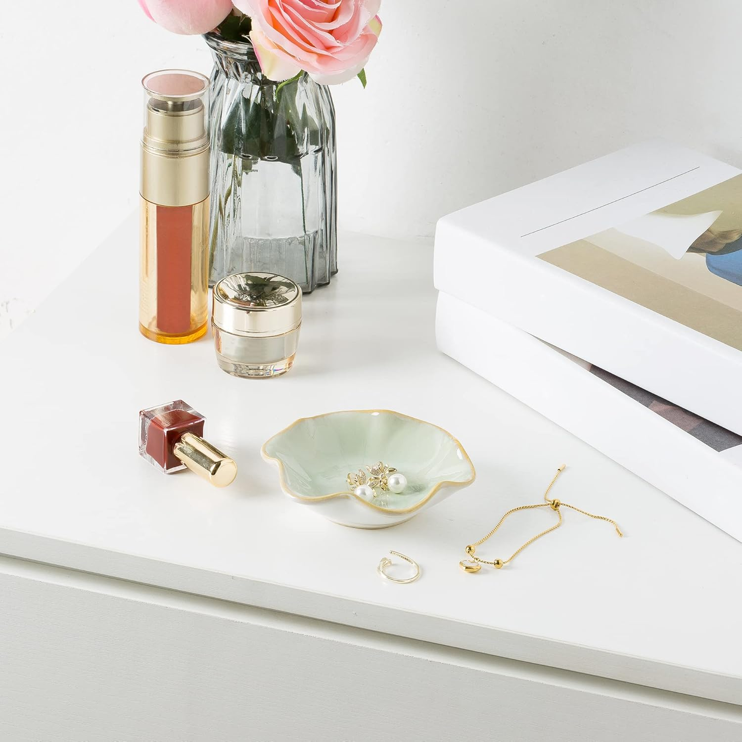 Jewelry Dish Tray, Ring Dish, Ceramic Trinket Tray, Key Bowl, Decorative Plate, Gifts for Friends Sisters Daughter Mother(Light Green) (JS202) image number 3