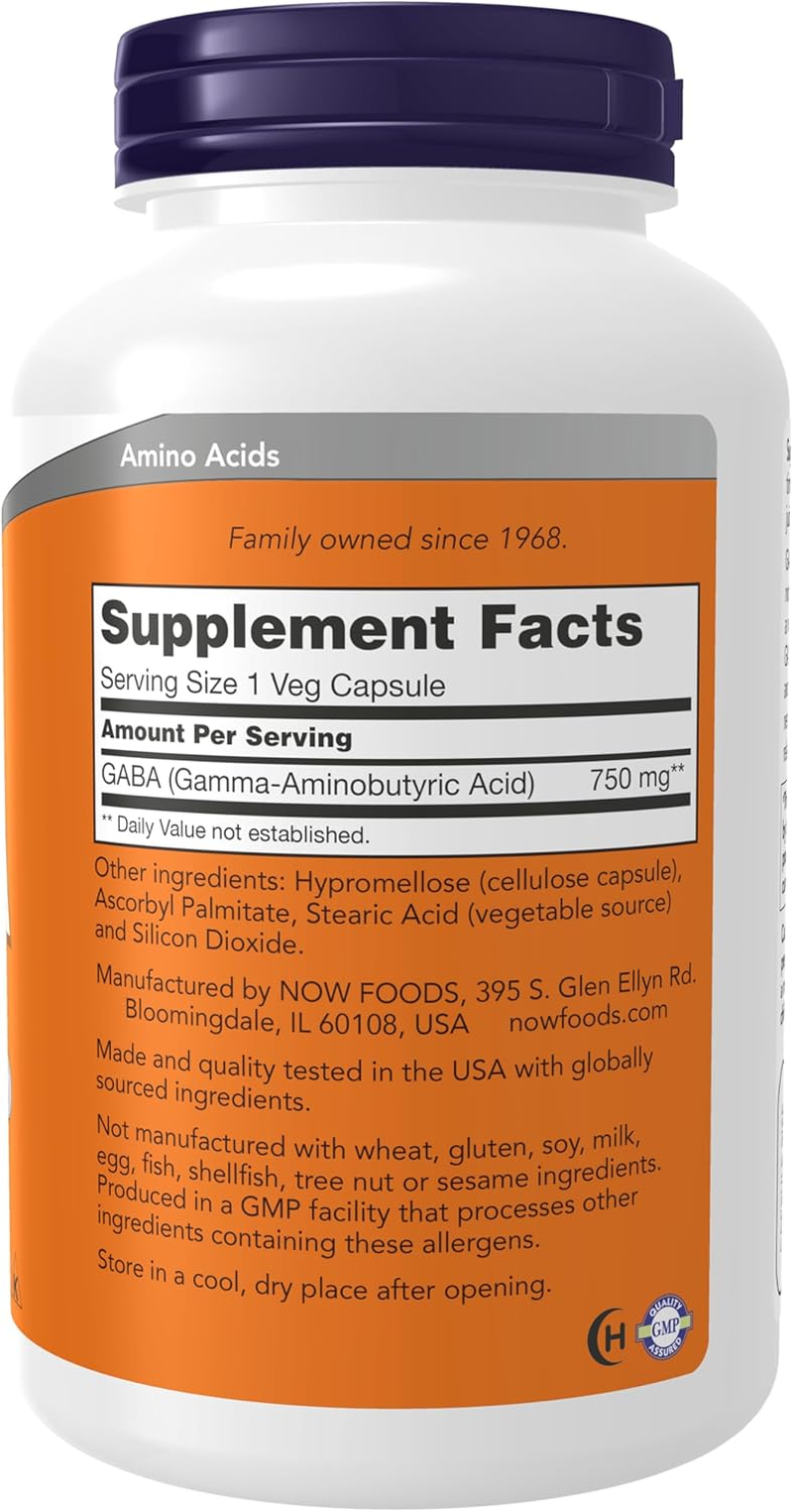 NOW Supplements, GABA (Gamma-Aminobutyric Acid) 750Mg, 200 Veg Capsules image number 1