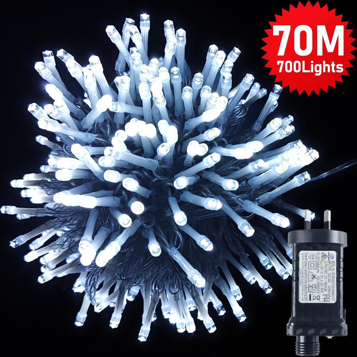 T Tersely 70M/700LED AU Plug String Fairy Lights, SAA Approved 31V Low Voltage 8 Lighting Modes, Timer Function, Indoor Outdoor White Lamp for Christmas Tree Party Wedding Garden image number 5