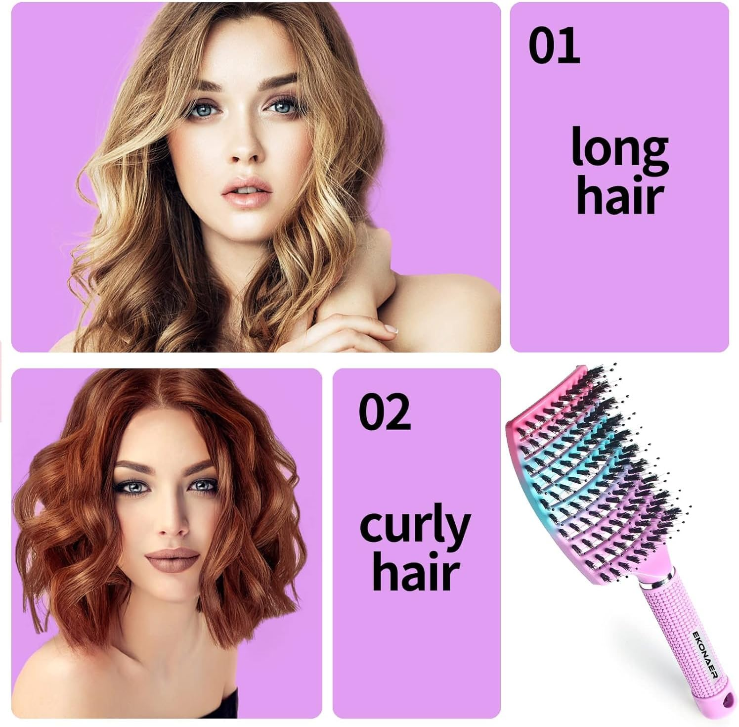2Pcs Boar Bristle Hair Brush, Wet & Dry Hair Brushes, Curved and Vented for Wet and Dry Detangling Hair Brush, Detangling Long Curly Thick Hair for Women, Men & Kids (B) image number 6