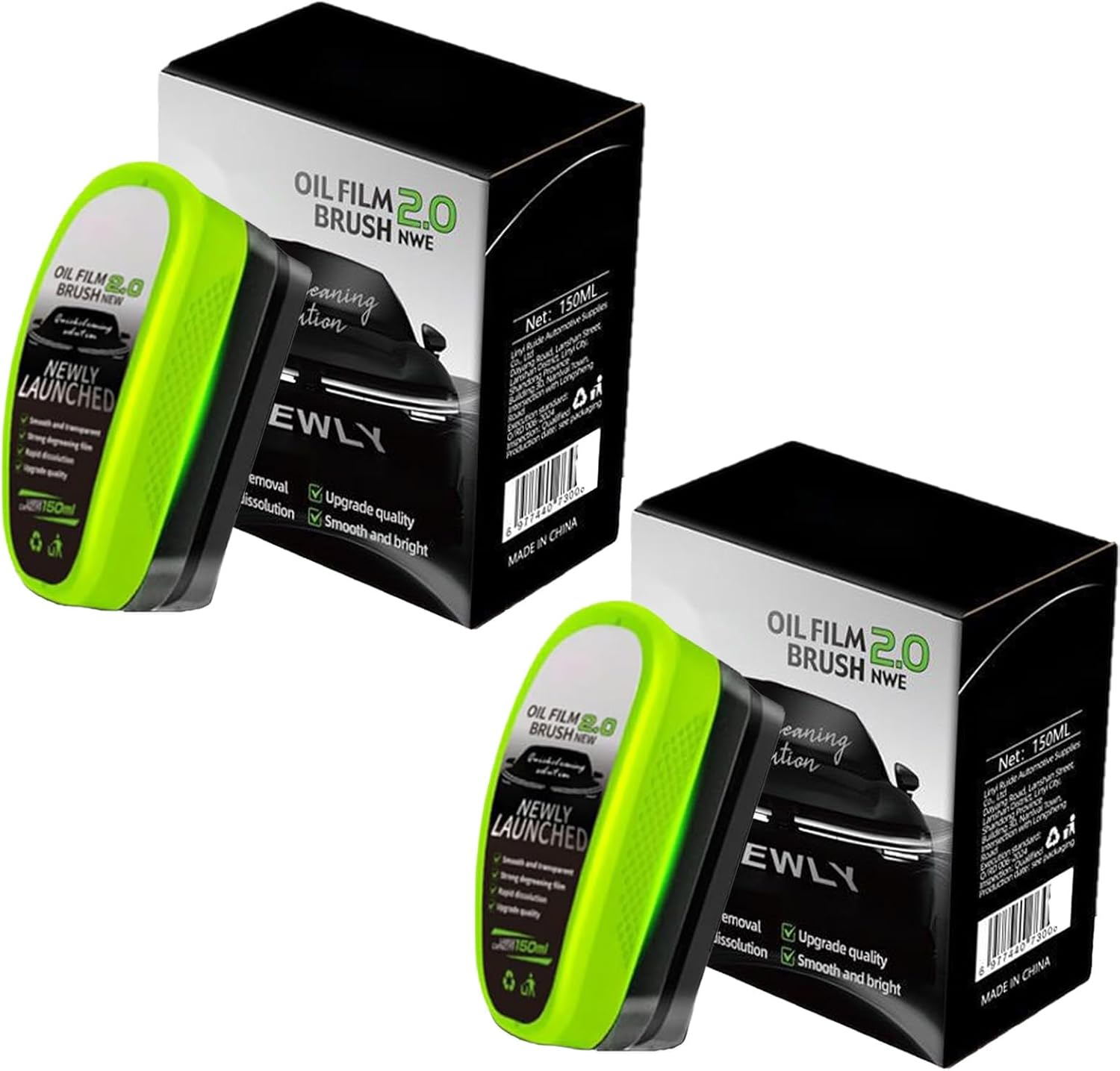 Auto Glass Oil Film Cleaning Brush with 150Ml Solution & Multi-Surface Scrubber, Reusable Cleaning Tool for Vehicle Windshield, Side Windows and Mirrors (2 Packs)