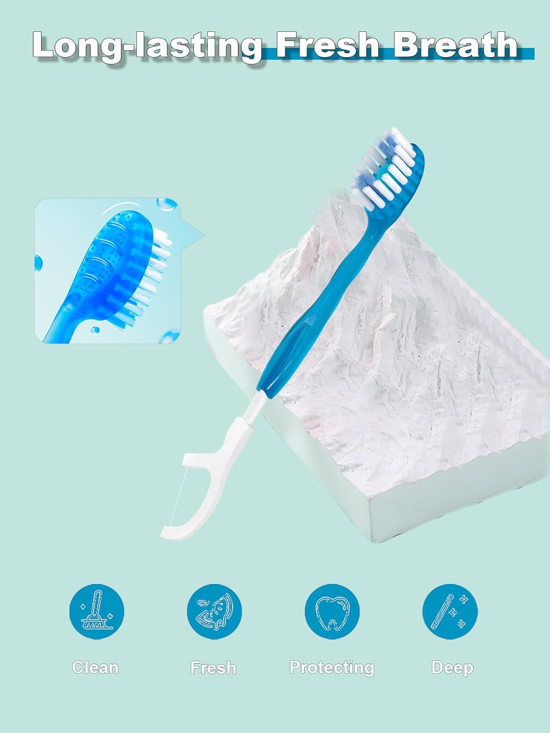 Disposable Mini Travel Toothbrushes, 5-In-1 Pre-Pasted Mini-Brush+Floss+Pick+Tongue Scraper, Prepasted on the Go Toothbrush for Travel, Portable Toothbrush with Freshening Bead, Coolmint, 20 Count