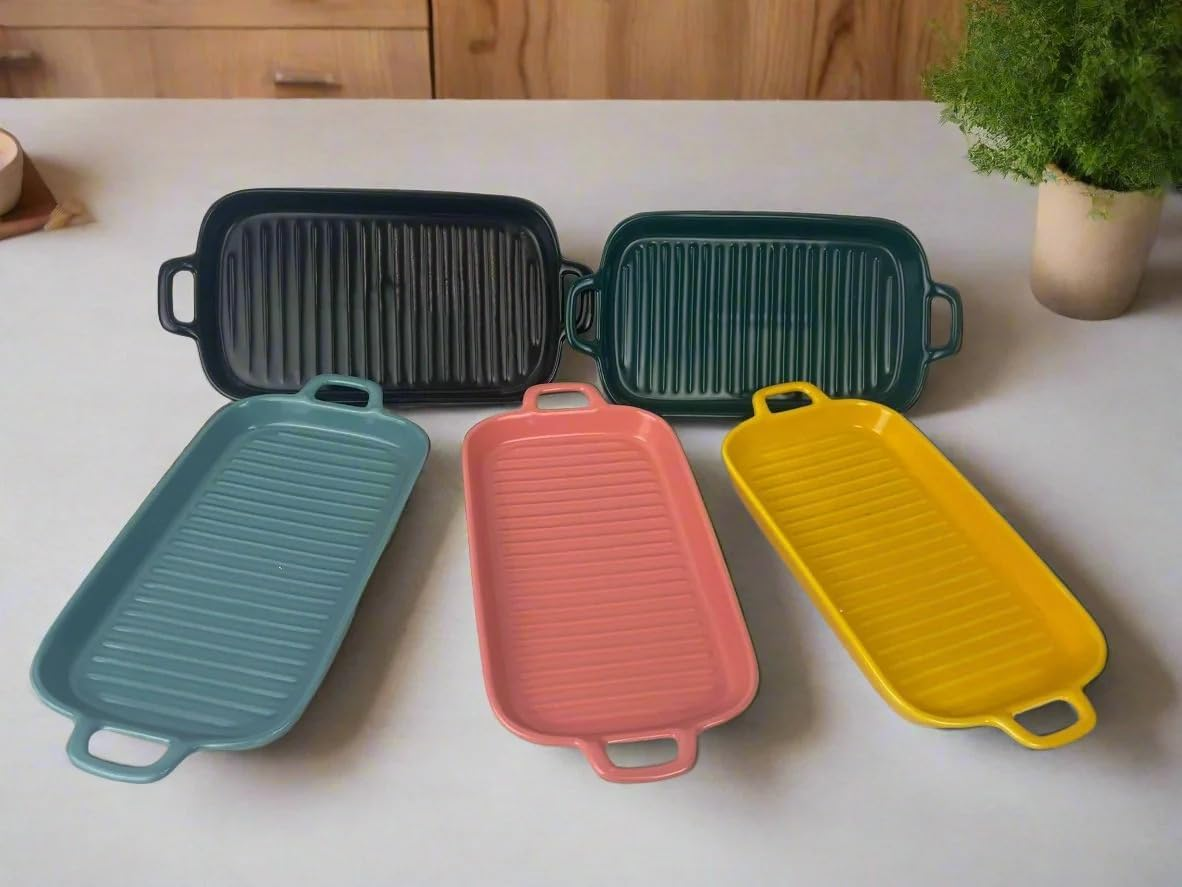 Bliss Gifts & Homewares Ceramic Baking Dish I Rectangular Bakeware with Handles I Ribbed Design Elegant Casserole Plates I Pan for Oven Roasting Lasagna, Baking, Cooking, Cake Dinner - 30X15.5Cm (Pink) - Pink image number 2