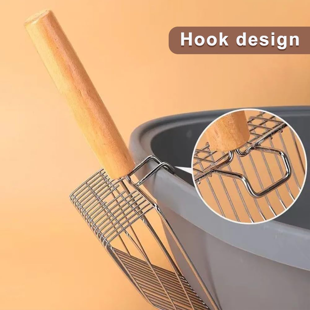 Polished Smooth Stainless Steel Durable Wooden Handle Cat Litter Scoop 7Mm Gaps Metal Garbage Shovel image number 4