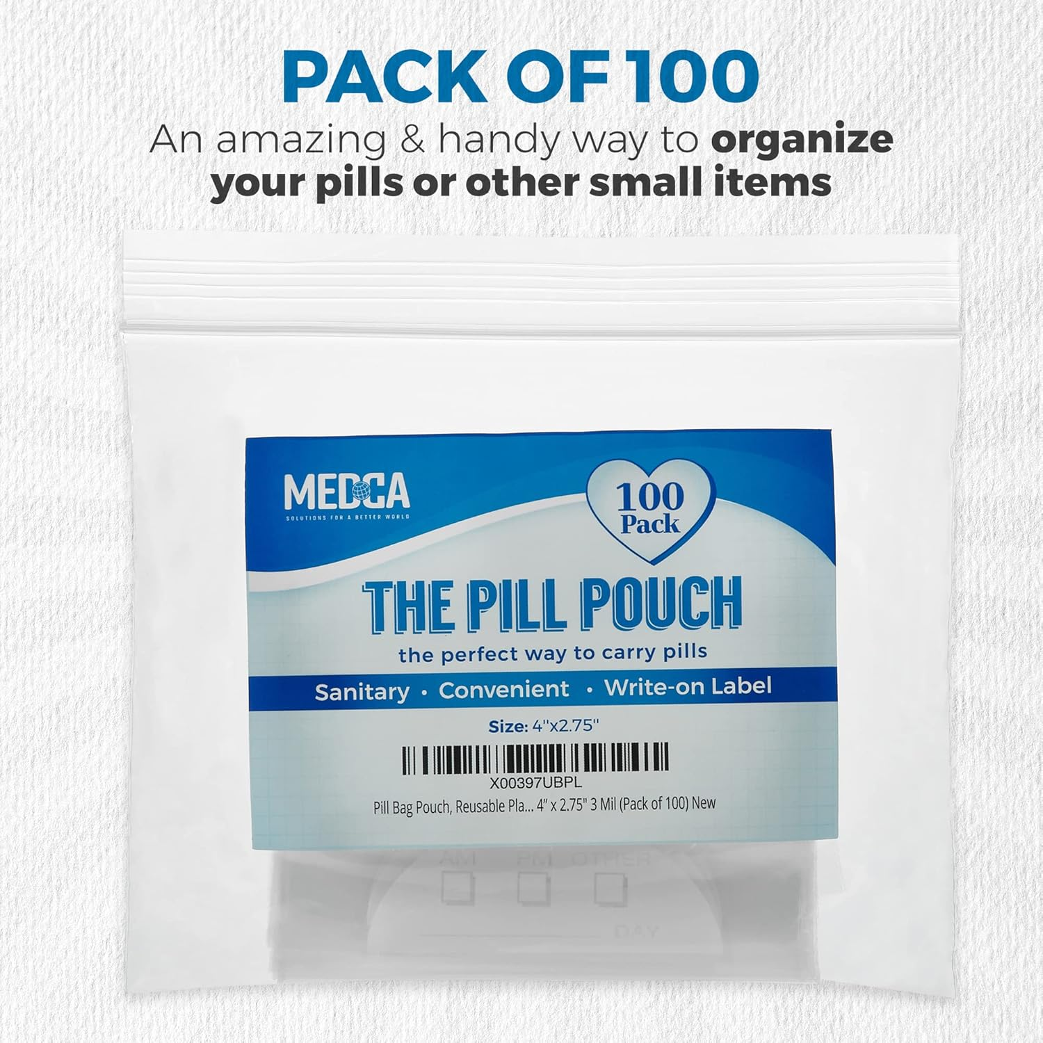 Pill Bag Pouch, Reusable Plastic Pill Organizer Bags, Size 4'' X 2.75" 3 Mil (Pack of 100)