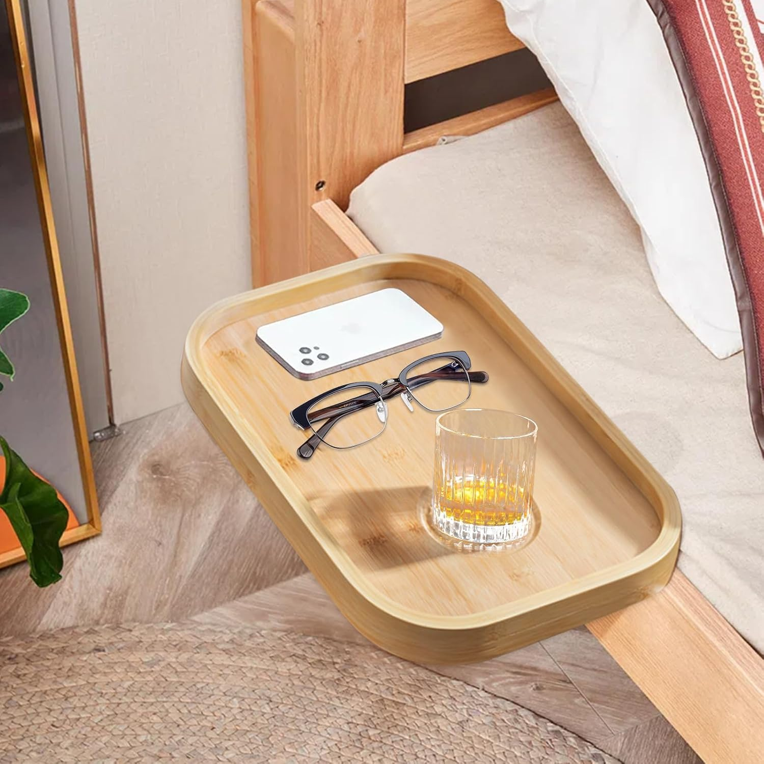 Bedside Shelf, round Edge Space Saving Wooden Bedside Clip-On Table, 1-8Cm Adjustable Safe Modern Simple Stable Bed Side Table for Bedroom (Wood) image number 1