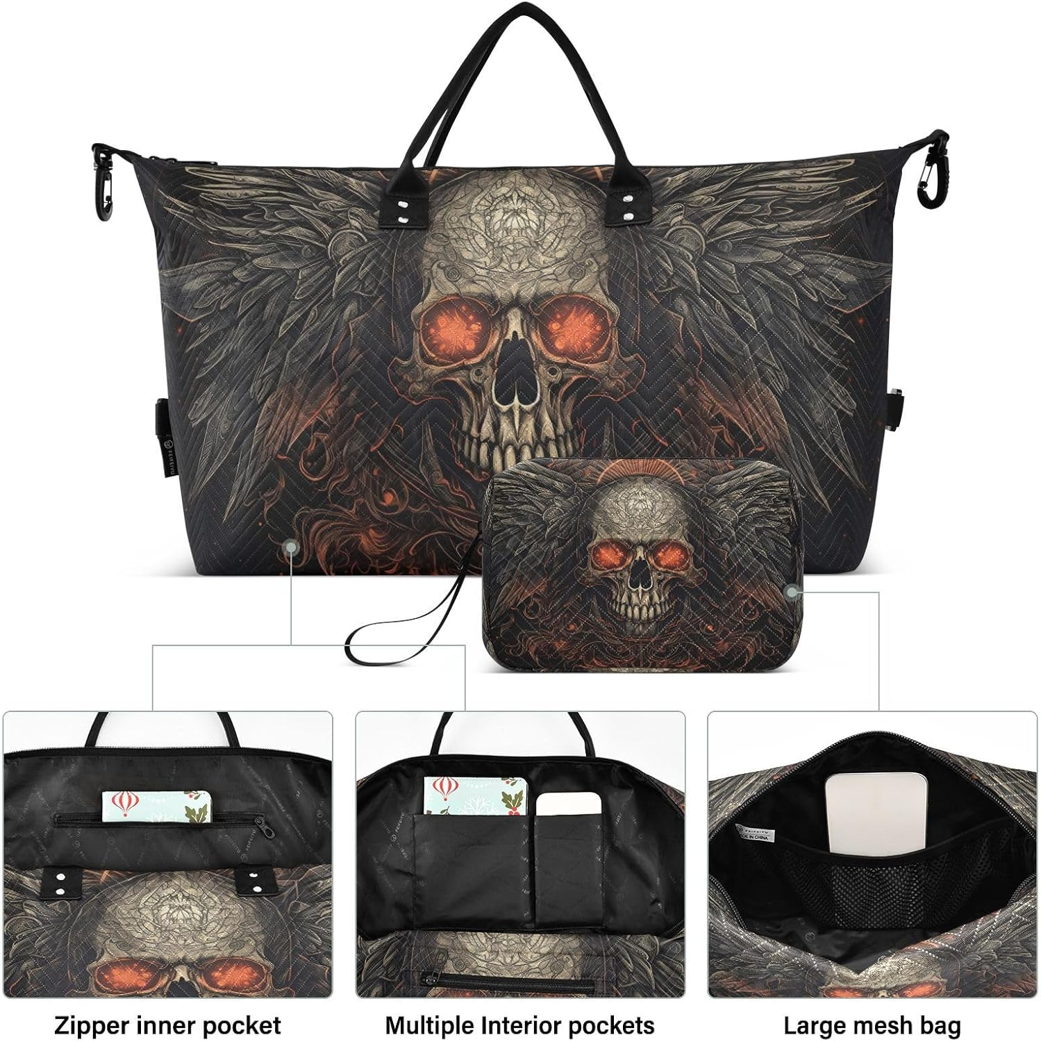 WOIWB Duffel Bag Set with Toiletry Bag for Travel Gym Sport, Luggage Sleeve Weekender Bag Carry on Overnight Bag-Gothic Skull with Wings Print, Multicolor, 20.5 X 7.9 X 13.8 Inches+9.1 X 3.5 X 5.9 image number 1