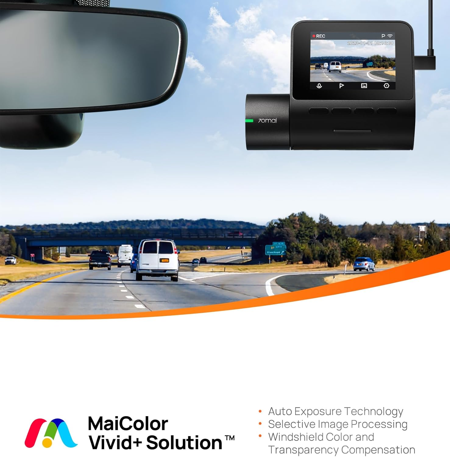 70Mai Smart Dash Cam A200, Front Camera, Built-In Wifi GPS Smart Dash Camera for Cars, ADAS, HDR, 2'' IPS LCD Screen, Night Vision