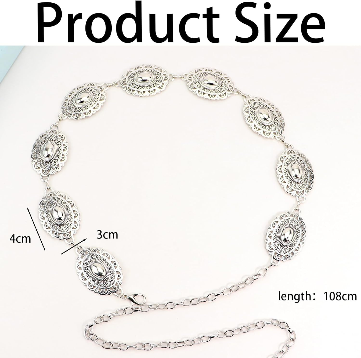 Silver Belt, Chain Belt, Western Oval Adjustablewaist Chain for Women, Small Oval Design, Boho Western Style Accessory, Perfect for Dresses and Jeans image number 1