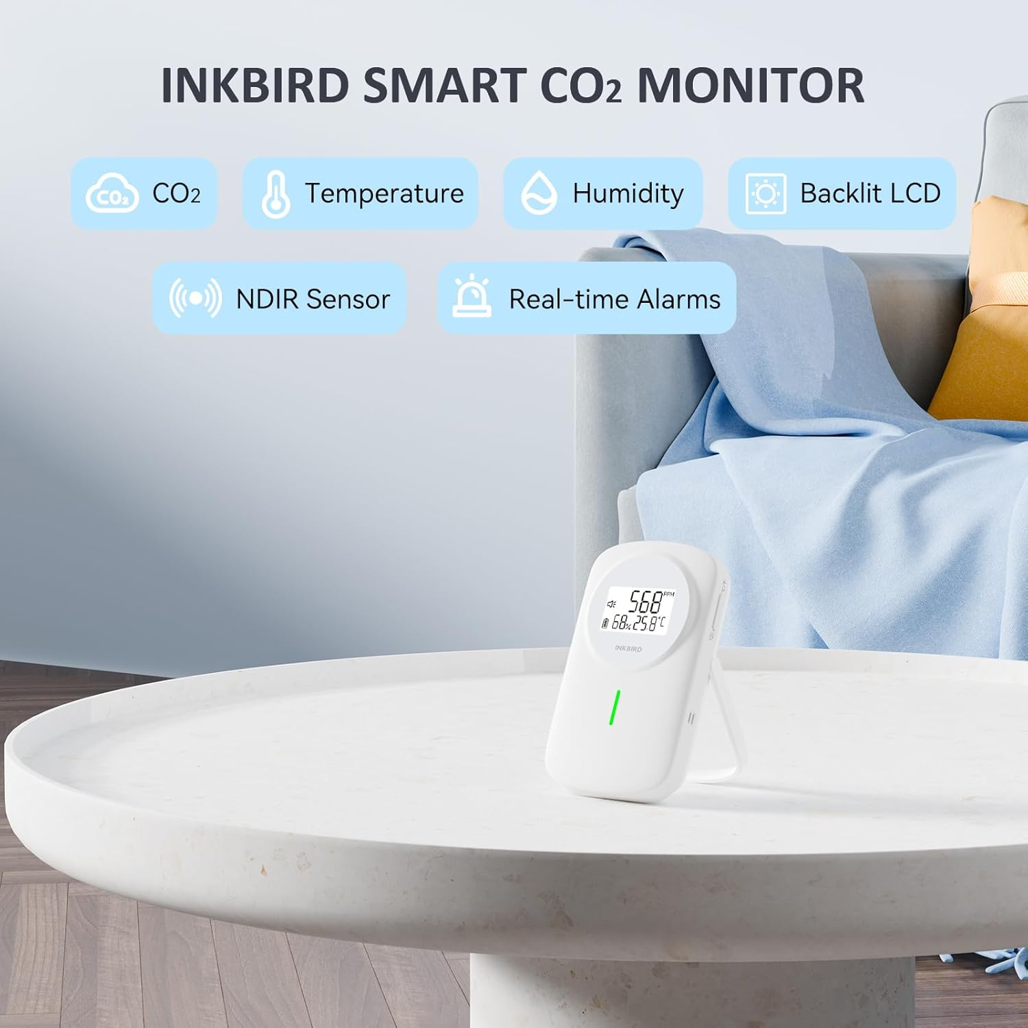 INKBIRD Indoor Air Quality Monitor, 3 in 1 CO2 Detector IAM-O2, Temperature and Humidity Monitor, Dual Alarm System, for Home, School, Office, Recreation Vehicles image number 5