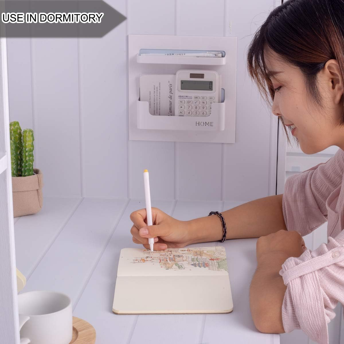 OKOMATCH Bedside Shelf - Stick on Wall Mounted Bed Room,Dorm,Office Adhesive Floating Accessories Caddy Organizer/Holder for Phone,Glasses,Remote Control,Keys,Pens - Plastic Material- White image number 6