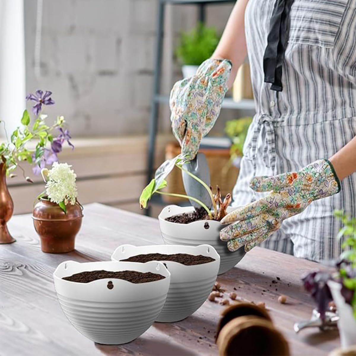 5 Pack Hanging Planters,8'' Hanging Plant Pots Baskets,With Hanging Chains and Drainage Plugs,For Flower Plant Lovers,Indoor Outdoor Flower Plant Pot Containers,Come with Free Mini Garden Tools Set image number 6