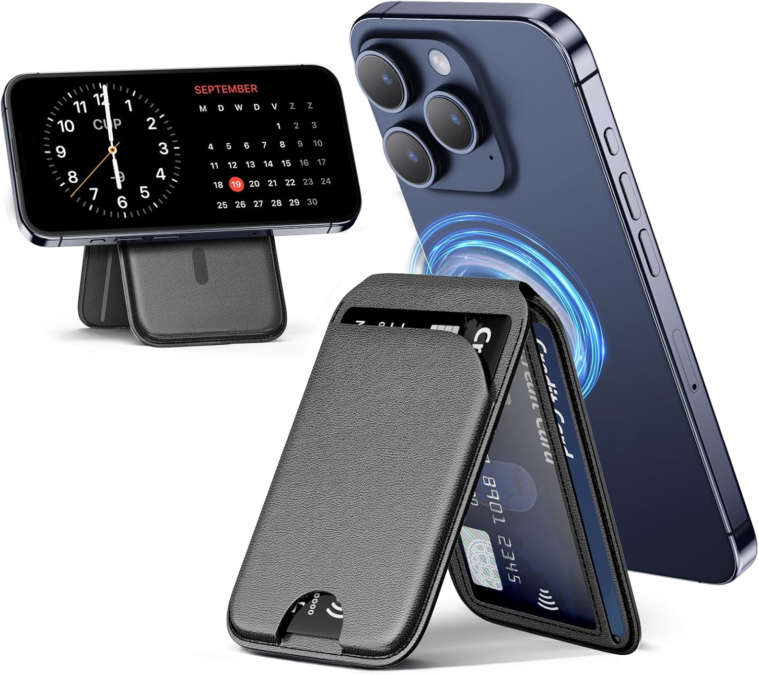 Wtuhu Magnetic Wallet for Iphone, Card Holder, Iphone Stand, Leather Case - Compatible with Iphone 16 Pro Max/16 Plus/16 Pro/16/15/14/13/12 Series, Not for Iphone 13/12 Mini (Black) image number 2