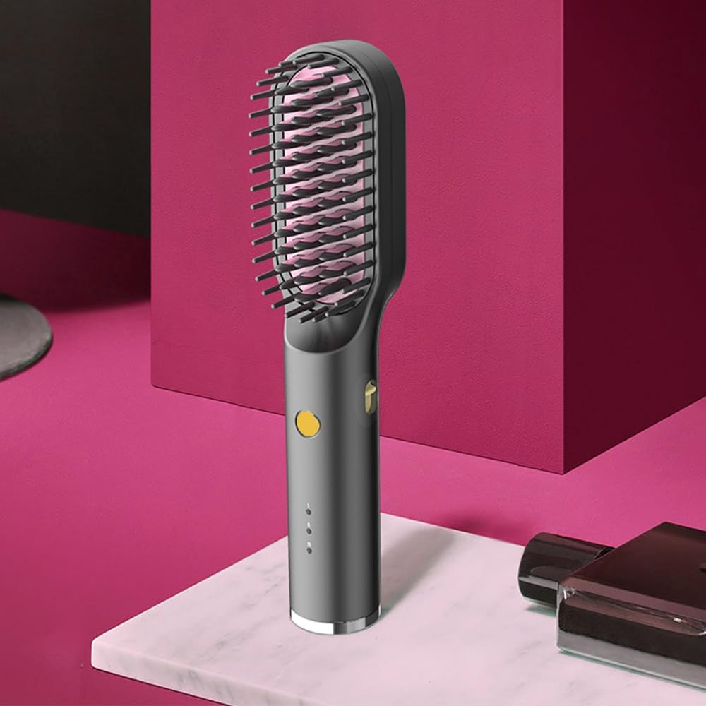Portable Battery Hair Straightener Brush for Curly Hair-Rechargeable Mini Size Portable Hair Straightener Brush Anti-Scalding Heated Comb image number 1