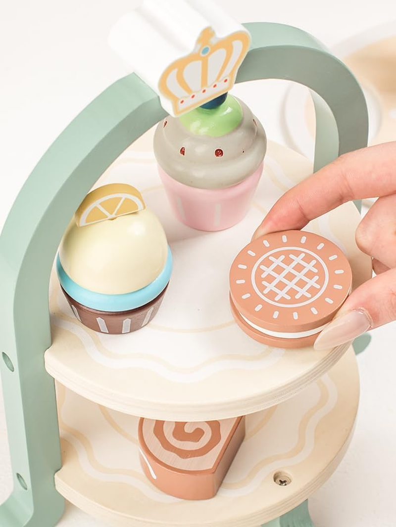 Wooden Tea Party Set for Toddlers 2 3 4 5 6, 24PCS Pretend Play Dessert Set with Cupcake Tower, Teapot, Cups, and Sweets, Montessori Toys Tea Set for Girls Birthday Gift, Kids Tea Party Set image number 3