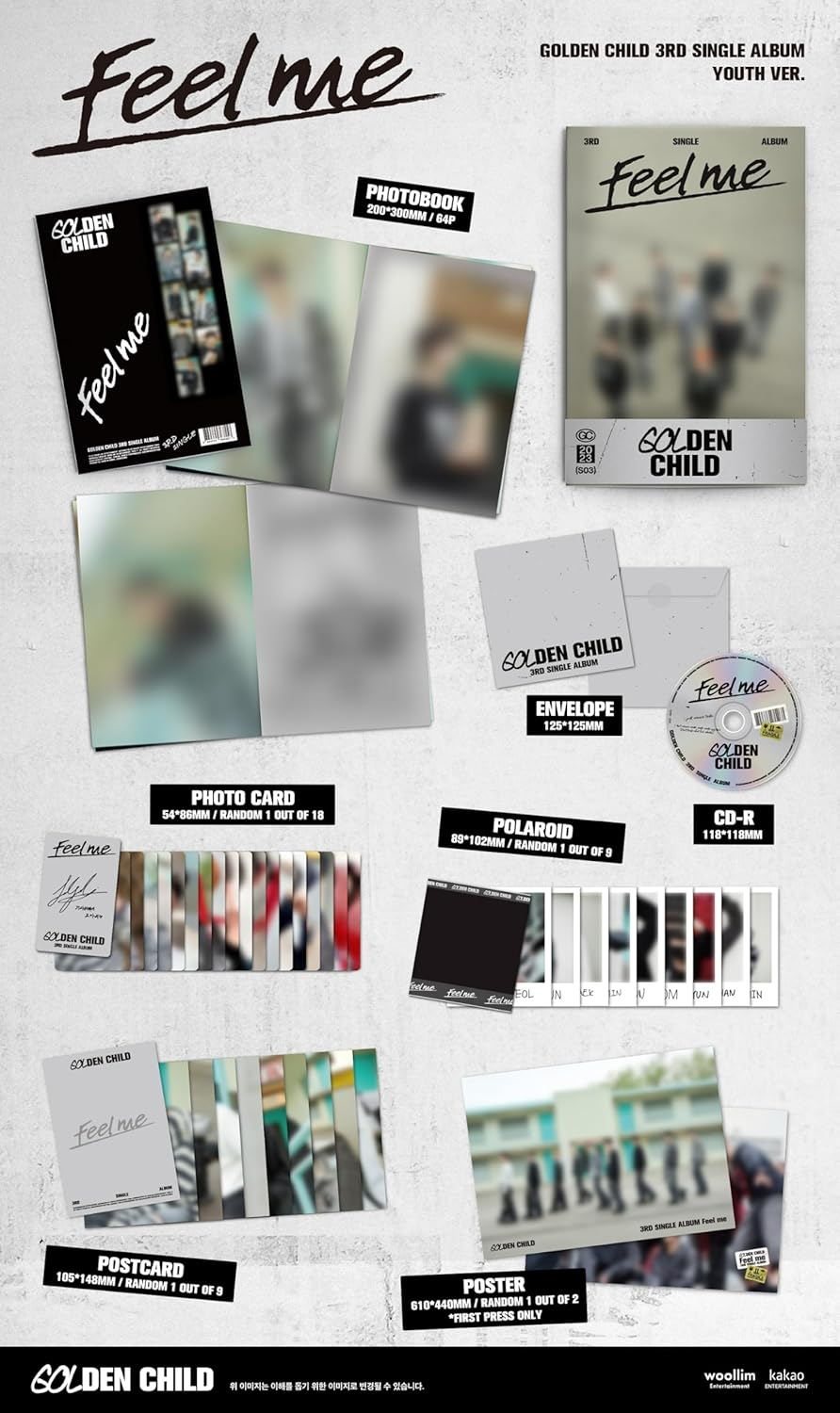 Golden Child Feel Me 3Rd Single Album YOUTH Version Cd+64P Photobook+1P Photocard+1P Polaroid+1P Postcard+Tracking Sealed