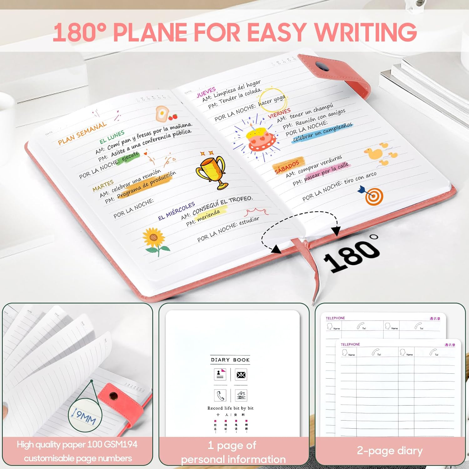 A5 Hardcover Vegan Leather with Divider, Hardcover Notebook with Pocket, Ruled Note Book Office School Supplies with Pen, Office, Business Trips, for Men Women (Pink) image number 4