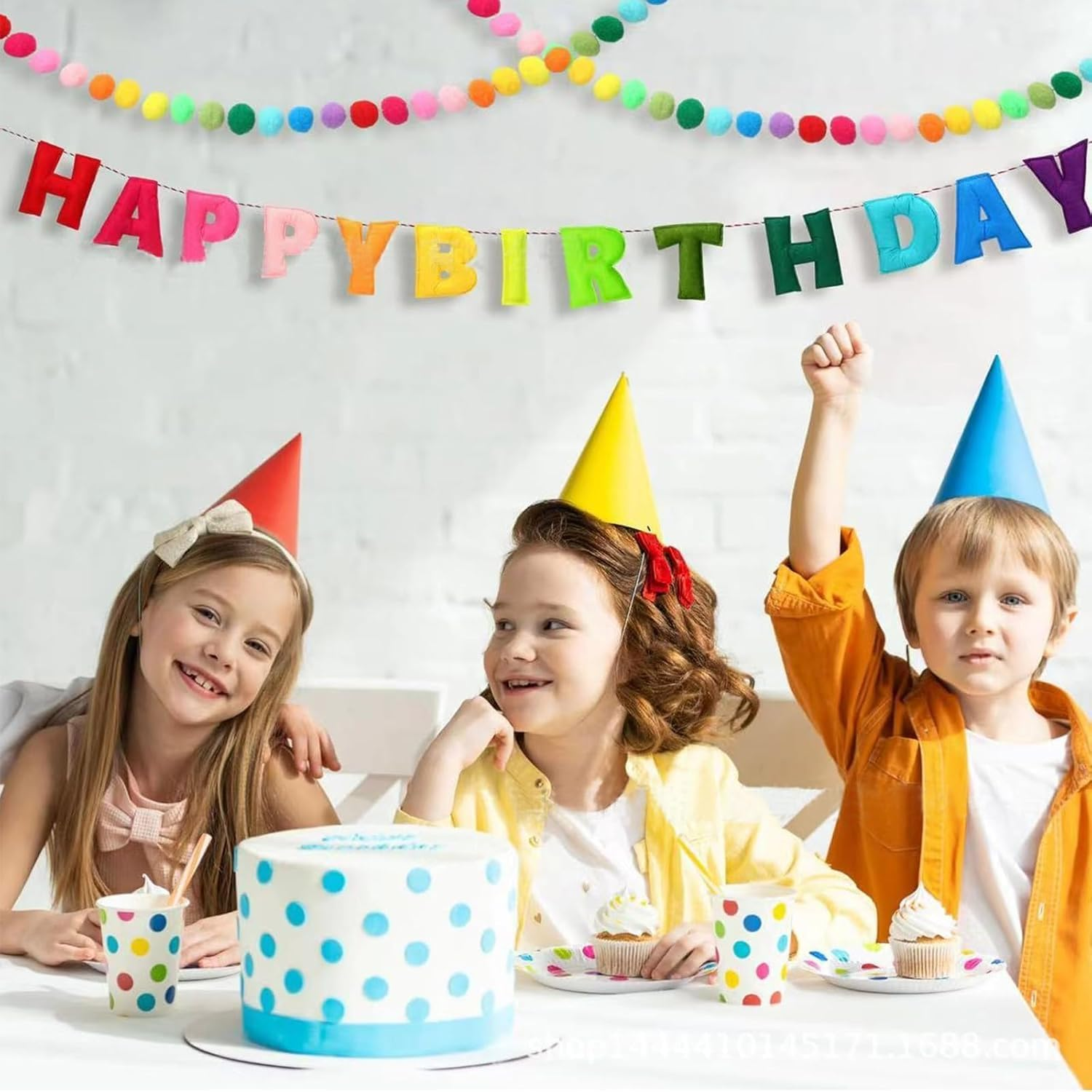 Lumjoy 118 Inch Pre-Strung Rainbow Felt Happy Birthday Banner & Felt Ball Garland Set image number 6