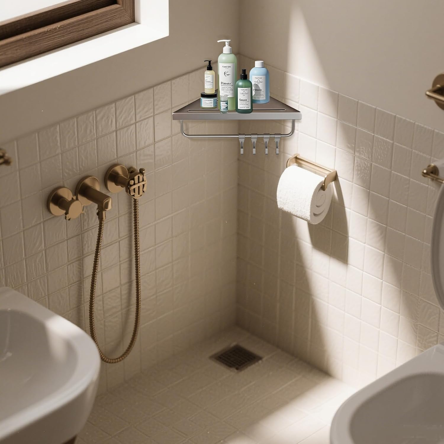 Biluer Shower Caddy, Shower Shelf No Drilling Bathroom Shelves Stainless Steel Caddy Corner Shelf Bathroom Wall Storage Corner Wall Storage Organisation