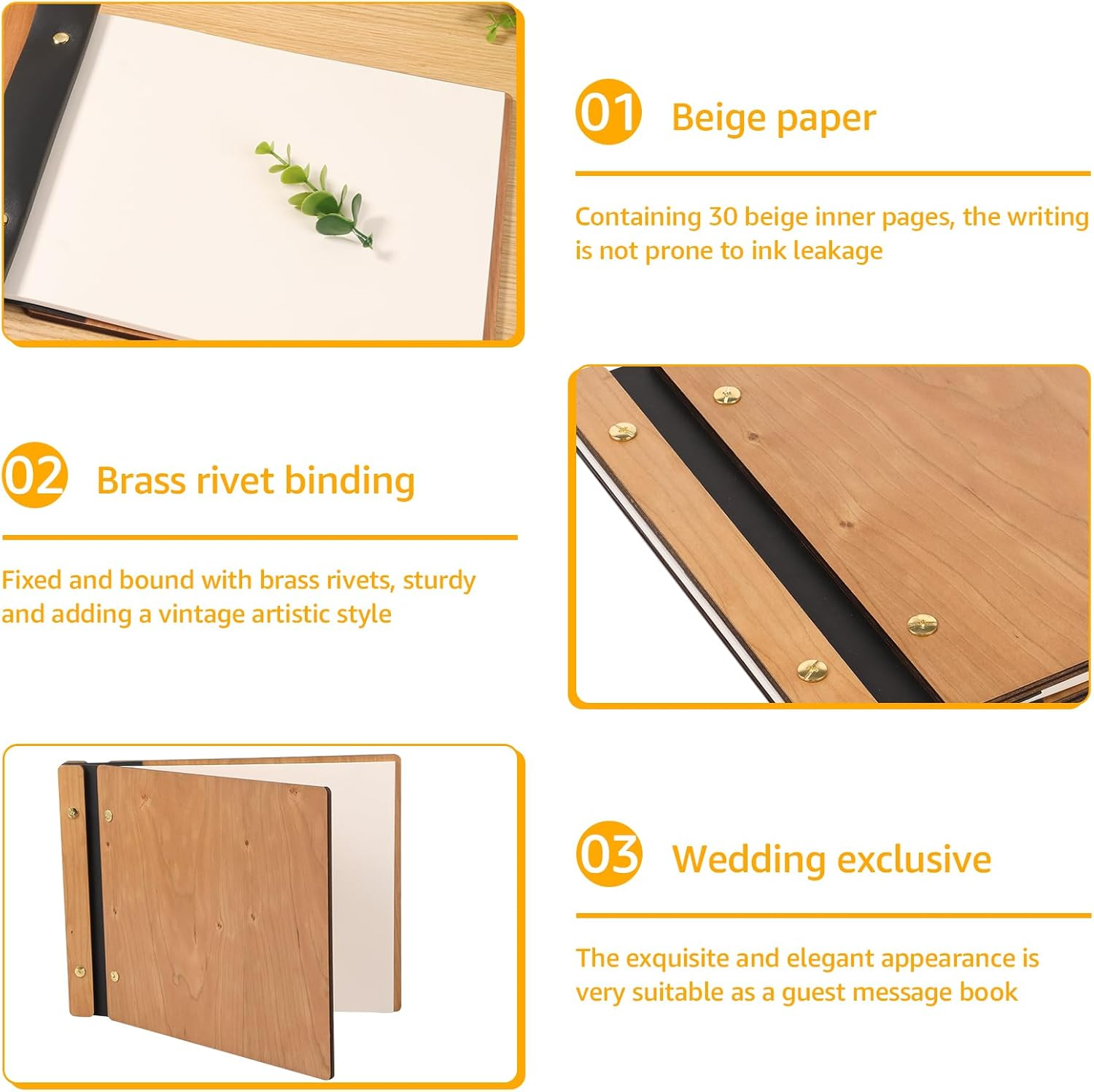 Wooden Photo Album Scrapbook, DIY Photo Wedding Guest Book with 30 Pages for Anniversary Memorial Occasions 28X21.7X1.8Cm (Original Wood Color) - Original Wood Color image number 5