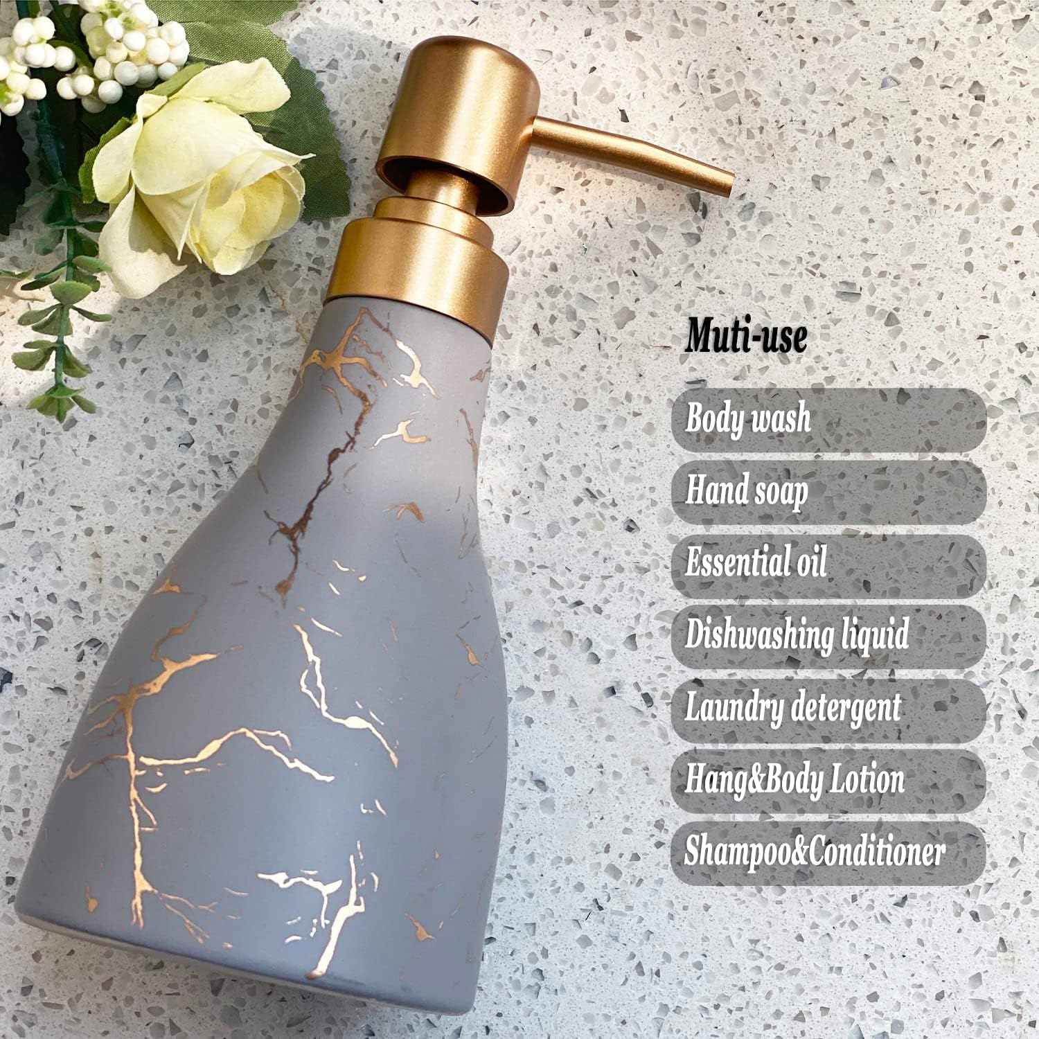 Grey Ceramic Soap Dispenser for Bathroom & Kitchen with Marble Pattern Liquid Hand Dispenser Pump Bottle (Grey) - Khaki image number 4