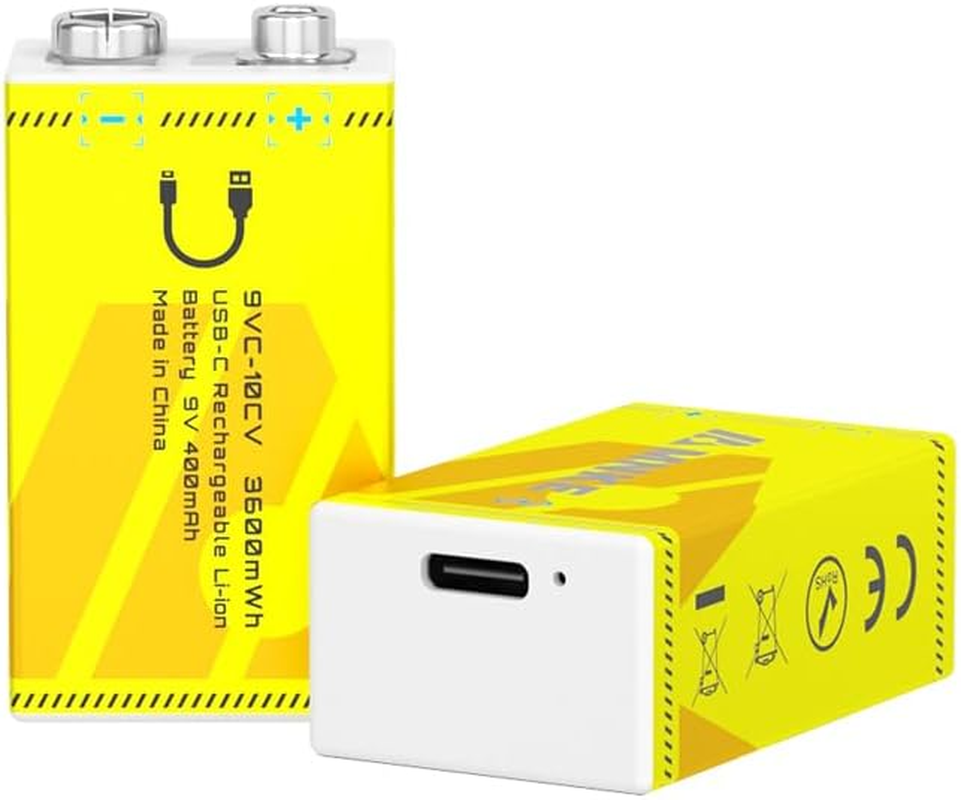 2PCS 9V Rechargeable Lithium Batteries 9V 3600Mwh High-Capacity 2000+ Cycles Ultra-Long Lasting Time Durable Cycle 2-Pack Set with Type-C Cable (Black 2-Pack Set) image number 6