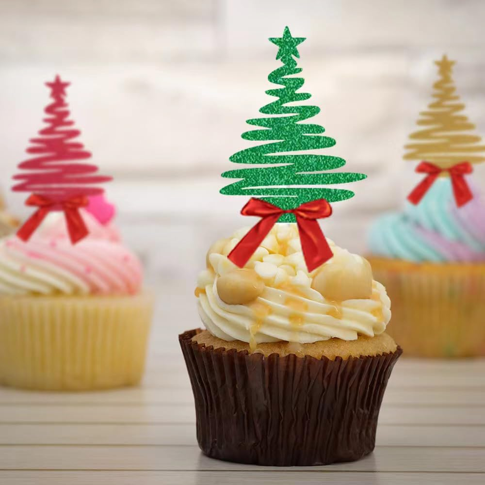 10Pcs Christmas Tree Flag Cupcake Decorations, Christmas Themed Party Birthday Cake Decorations。 image number 2