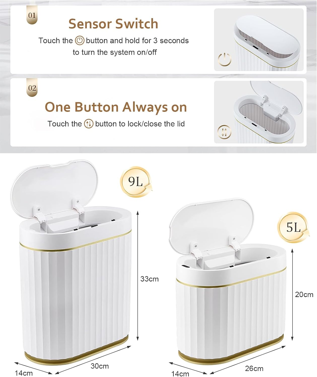 Aupekro Smart Trash Bin with Lid, 2 Pack Slim Automatic Garbage Can, Waterproof Plastic Rubbish Bin Narrow Motion Sensor Wastebasket for Bathroom, Bedroom, Living Room, Office (5 Liter+9 Liter) image number 2
